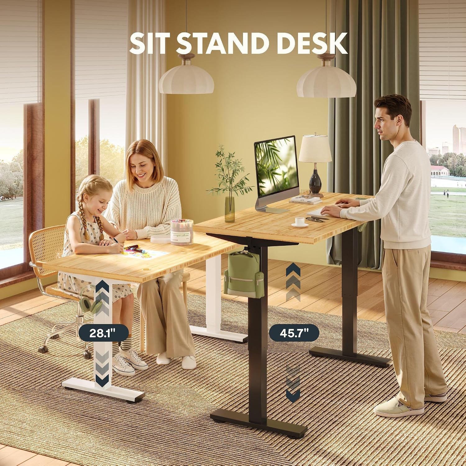 FLEXISPOT Solid Wood Standing Desk, One-Piece Real Wood Desktop, Electric Height Adjustable Desk for Home Office, 176 LBS Capacity (55'x28' Curved Bamboo, White Frame)