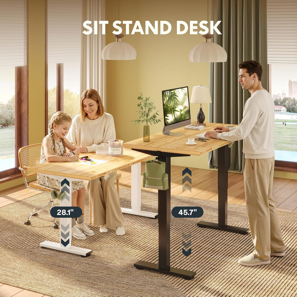 FLEXISPOT Solid Wood Standing Desk, One-Piece Real Wood Desktop, Electric Height Adjustable Desk for Home Office, 176 LBS Capacity (55'x28' Bamboo, White Frame)