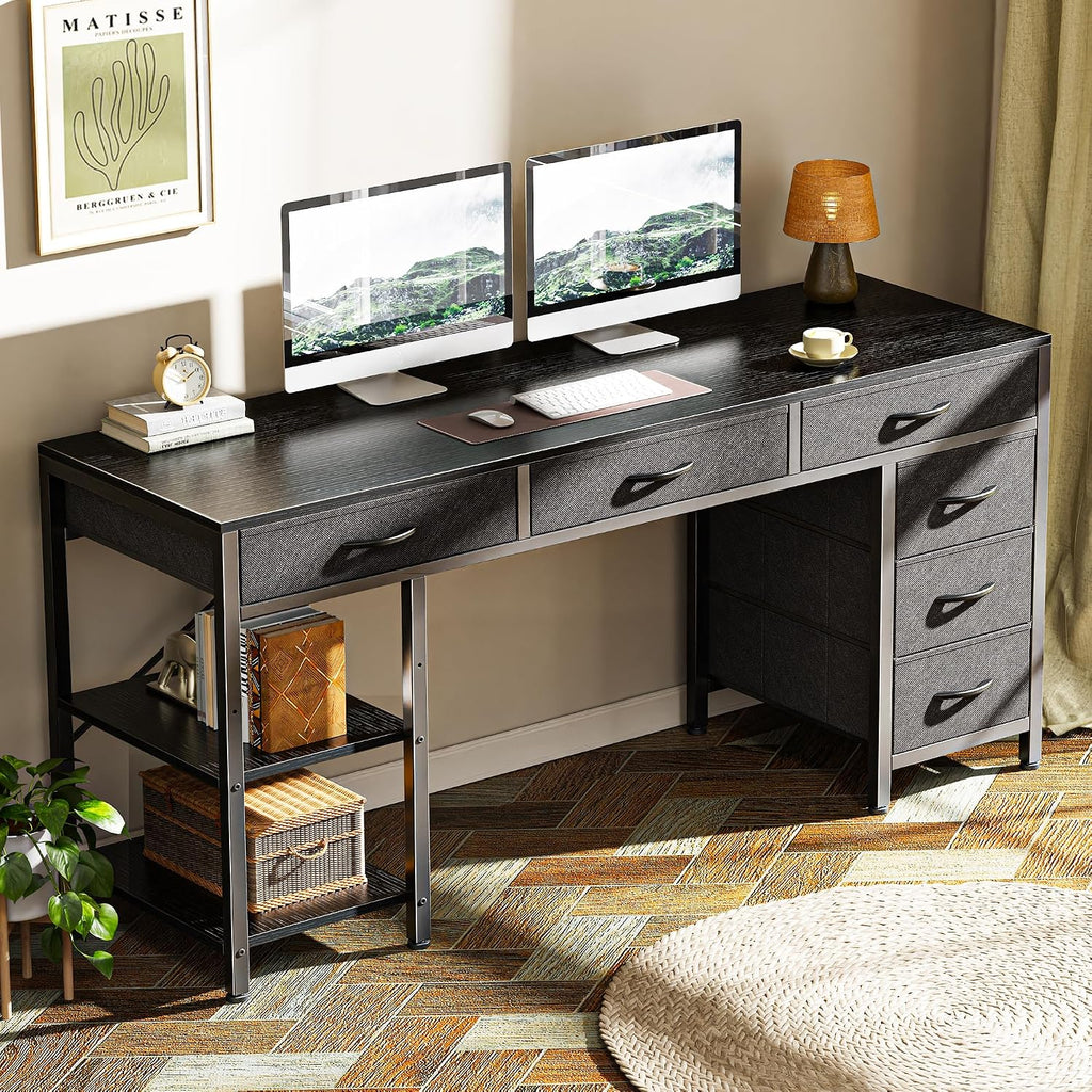 Huuger Computer Desk with 6 Drawers, Office Desk with Shelves, Reversible Gaming Desk, Corner Desk with Storage, Work for Home Office, Study, Living Room, 54inch, Black