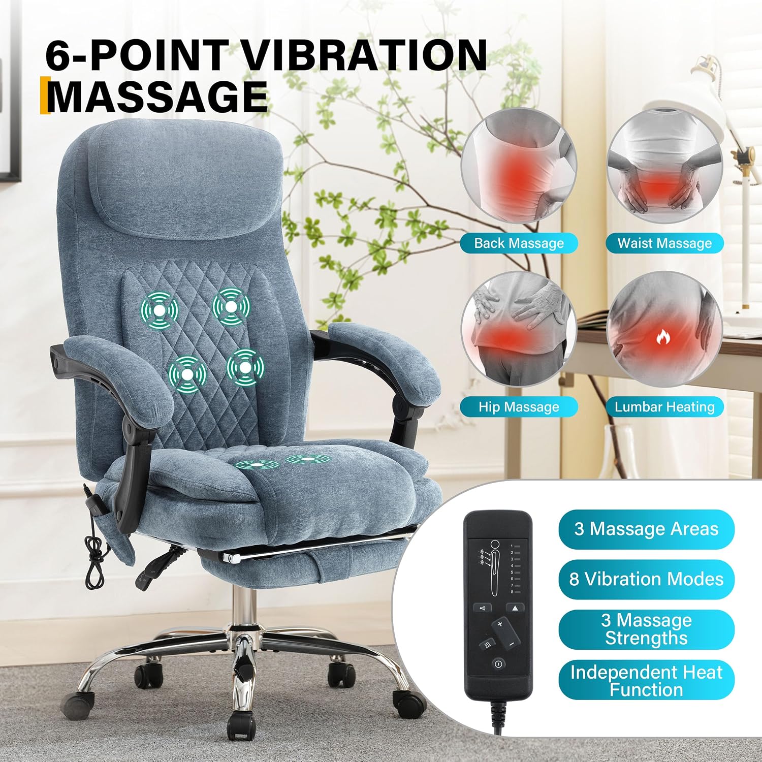 6-Point Massage Office Chair with Heated, Ergonomic Office Chair with Footrest & 45°Reclining High Back, Big and Tall Executive Office Chair 500LBS, Thick Cushion Desk Chair for Home Office, Blue