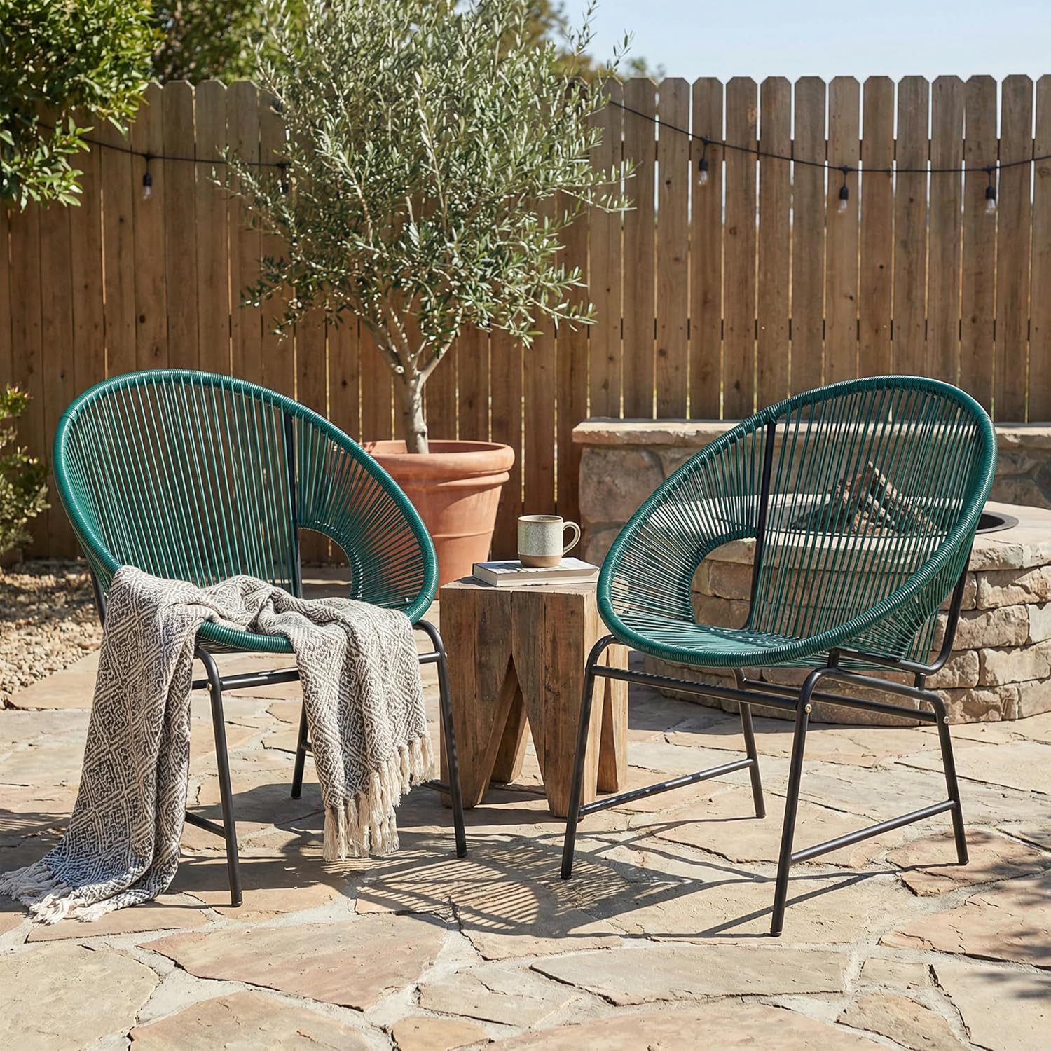 Christopher Knight Home Outdoor Wicker Chairs Set of 2, Patio Papasan Chair with Metal Frame, Faux Rattan Lounge Chair Outdoor, Teal