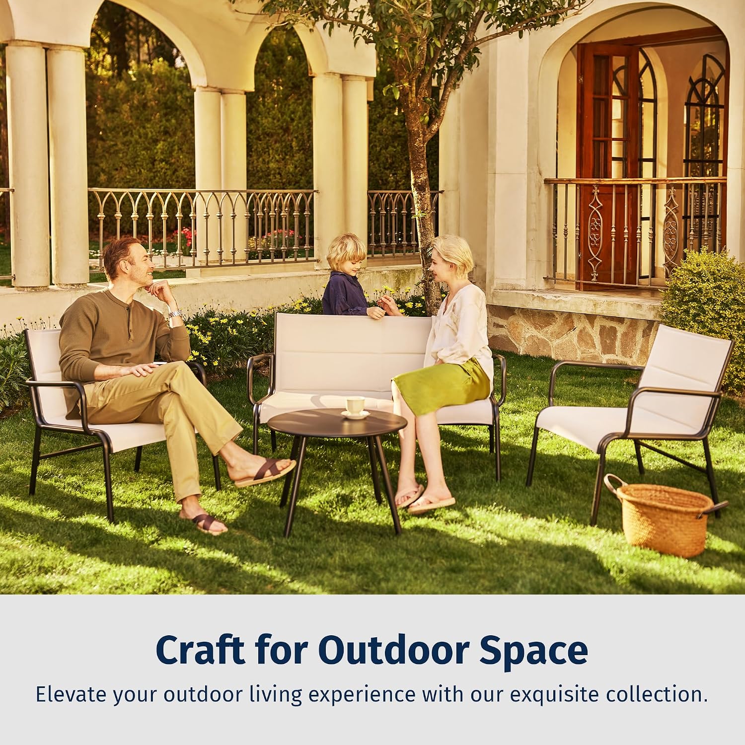 East Oak 4-Piece Patio Furniture Set, Waterproof Outdoor Furniture Set, Patio Sofa with Coffee Table for Balcony or Porch, 4 Seats Patio Conversation Sets for Backyard in Beige