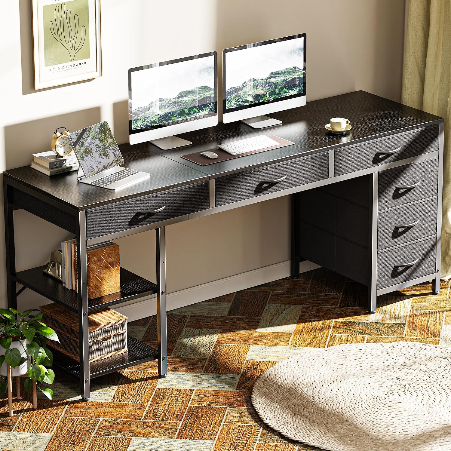 Huuger Computer Desk with 6 Drawers, Office Desk with Shelves, Reversible Gaming Desk, Corner Desk with Storage, Work for Home Office, Study, Living Room, 63inch, Black