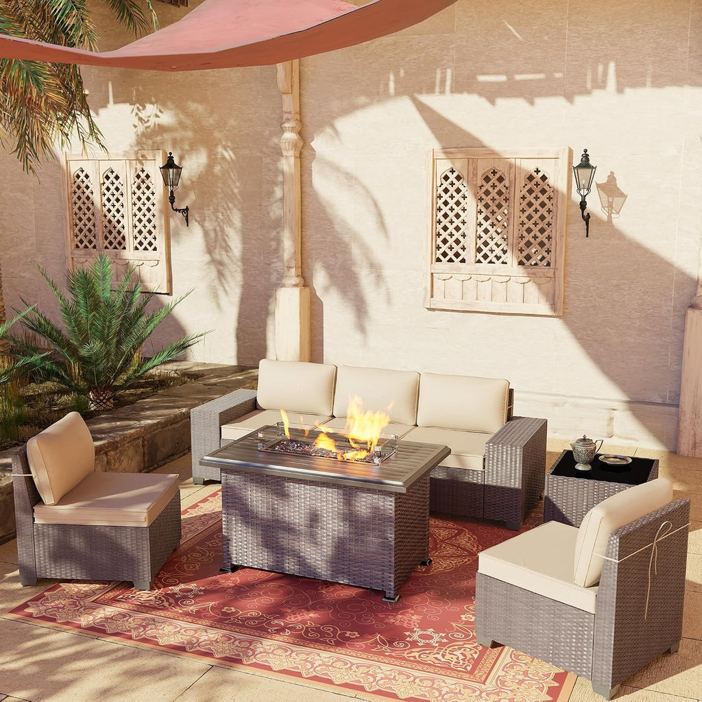 7 PCS Outdoor Patio Furniture Set,Outdoor Sectional Furniture with 43' 55000 BTU Gas Propane Fire Pit Table,All Weather PE Rattan Wicker Patio Conversation Set,Sand