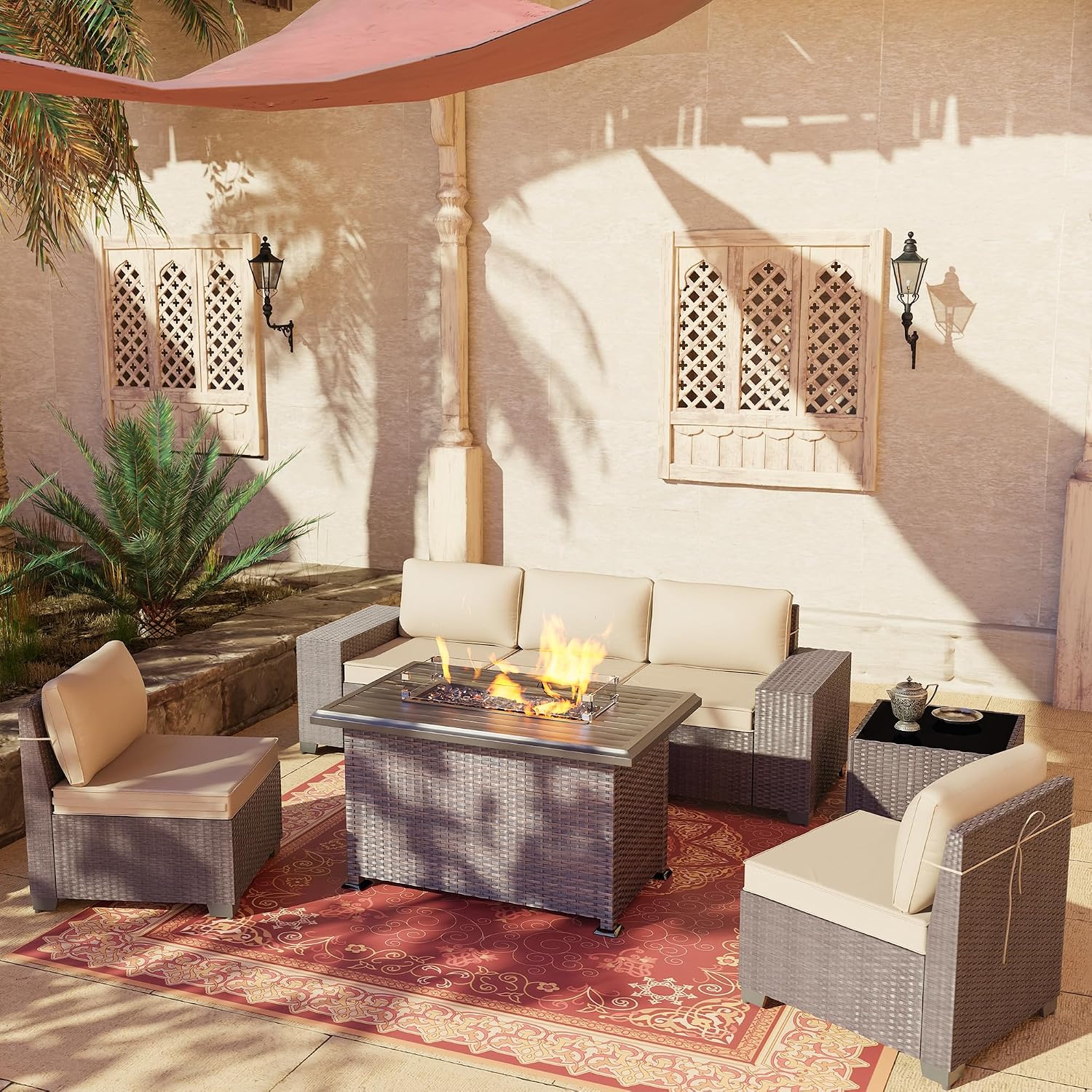 7 PCS Outdoor Patio Furniture Set,Outdoor Sectional Furniture with 43' 55000 BTU Gas Propane Fire Pit Table,All Weather PE Rattan Wicker Patio Conversation Set,Sand