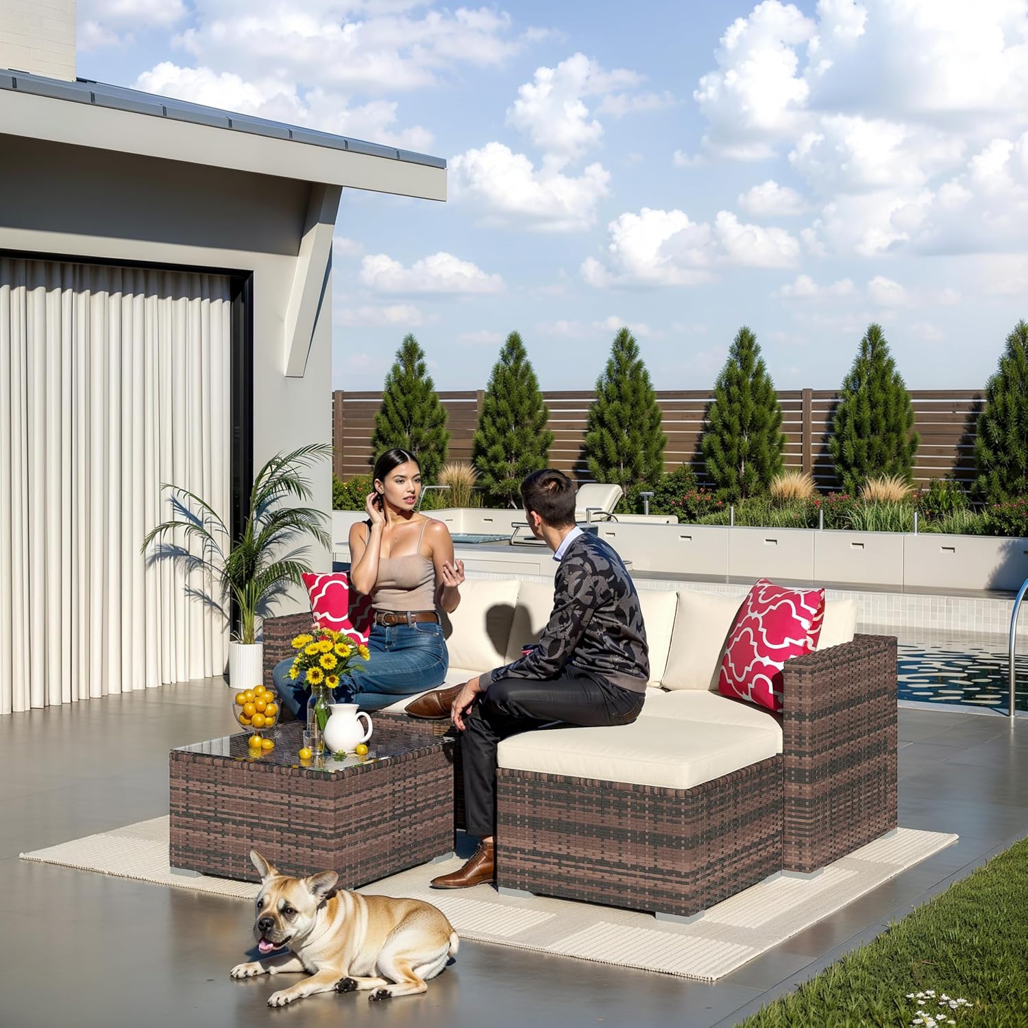 5 Pieces Patio Furniture Set, All-Weather Wicker Sectional Sofa With Anti-Slip Cushions, Rattan Outdoor Patio Furniture Sofa Set With Glass Coffee Table and Ottoman for Balcony, Porch, Garden, Brown