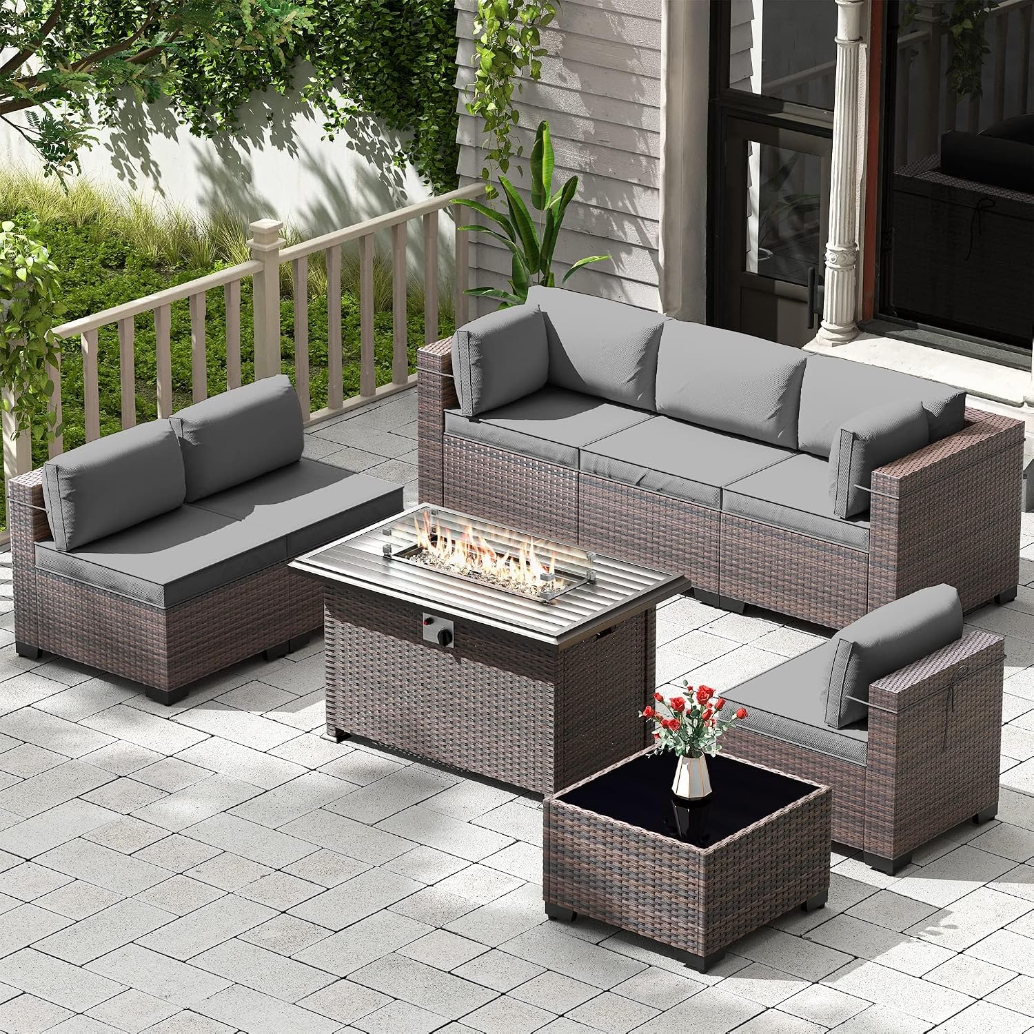Kullavik 8 Pieces Outdoor Patio Furniture Set,Sectional Sofa Set with 43' 55000 BTU Gas Propane Fire Pit Table,Brown PE Rattan Wicker Patio Conversation Set,Grey