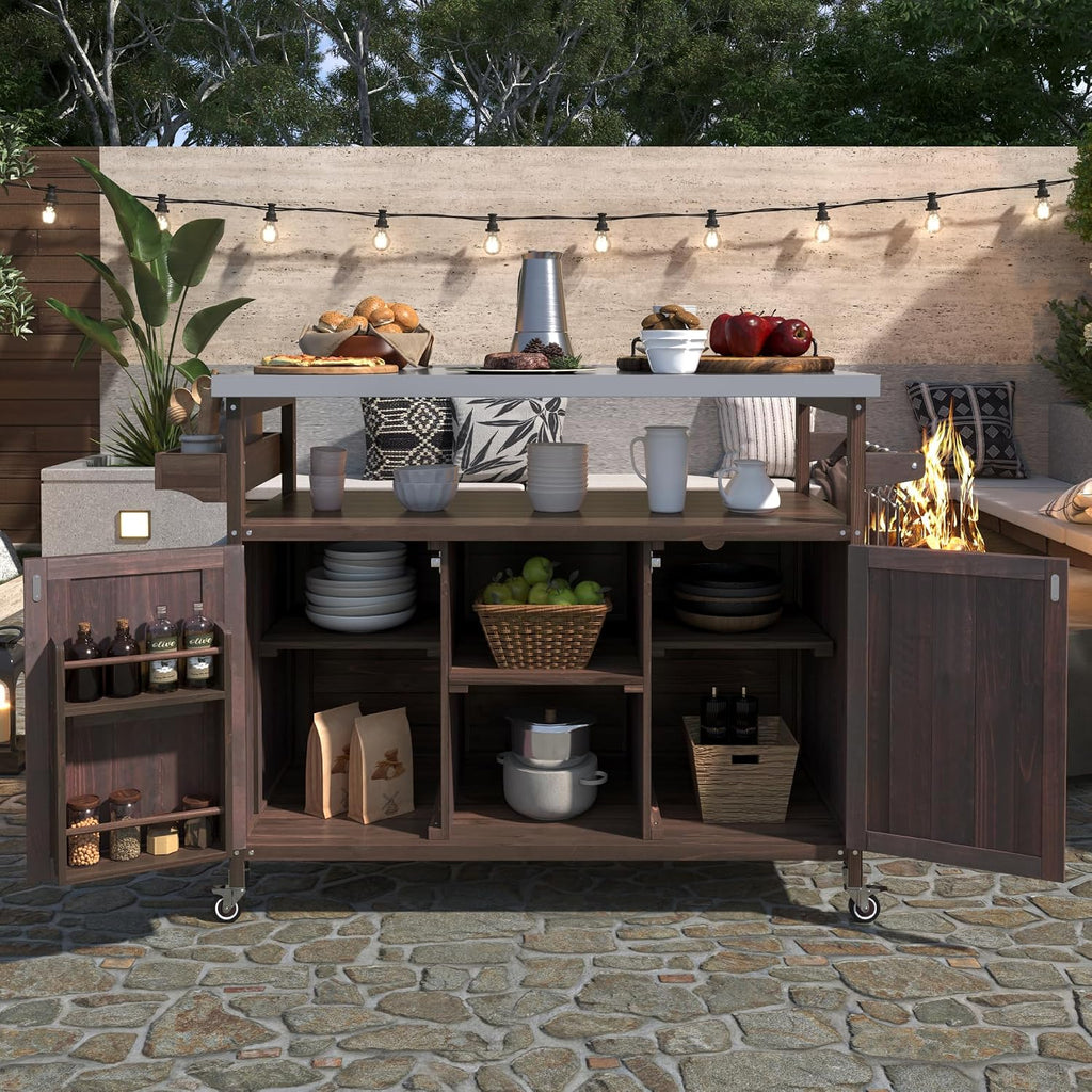 50.25' W Grill Cart with Stainless Steel Tabletop - Outdoor Storage Cabinet for BBQ, Bar Patio Kitchen Island with Ample Storage and Lockable Wheels