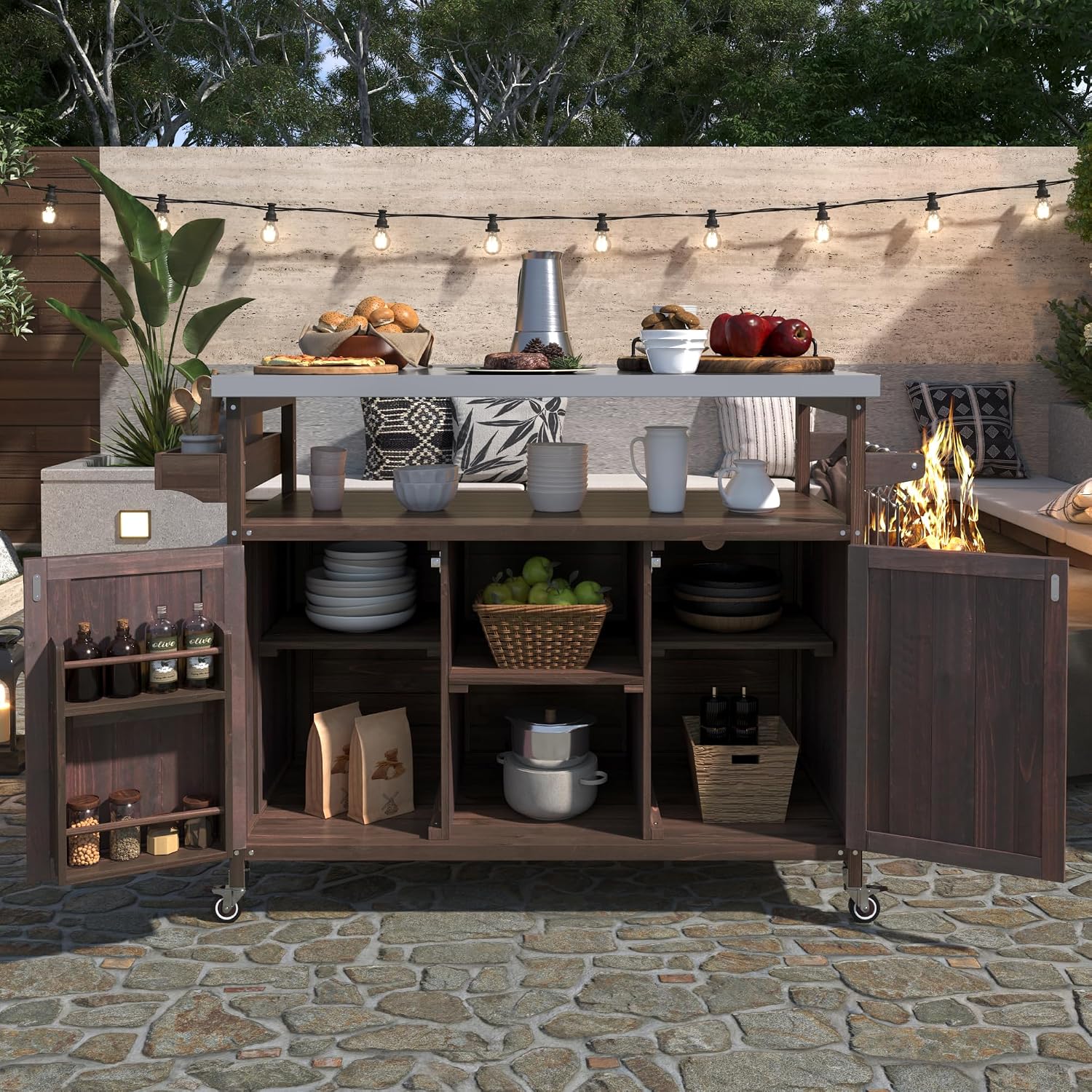50.25' W Grill Cart with Stainless Steel Tabletop - Outdoor Storage Cabinet for BBQ, Bar Patio Kitchen Island with Ample Storage and Lockable Wheels