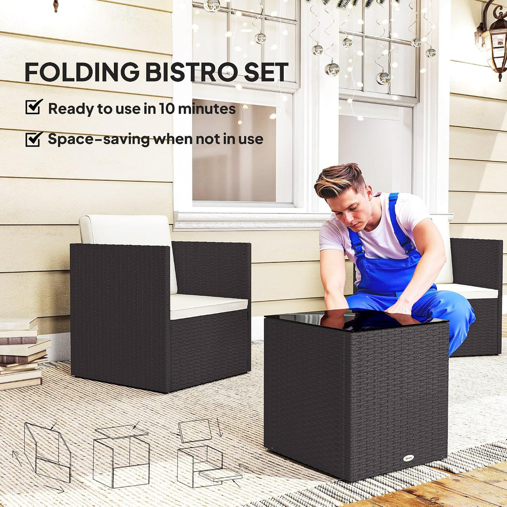 Outsunny 3 Piece Patio Furniture Set, Folding Outdoor Wicker Bistro Set with Washable Cushions, Adjustable Feet, and Glass Coffee Table, Easy Assembly for Garden, Balcony, Poolside, Backyard, Brown