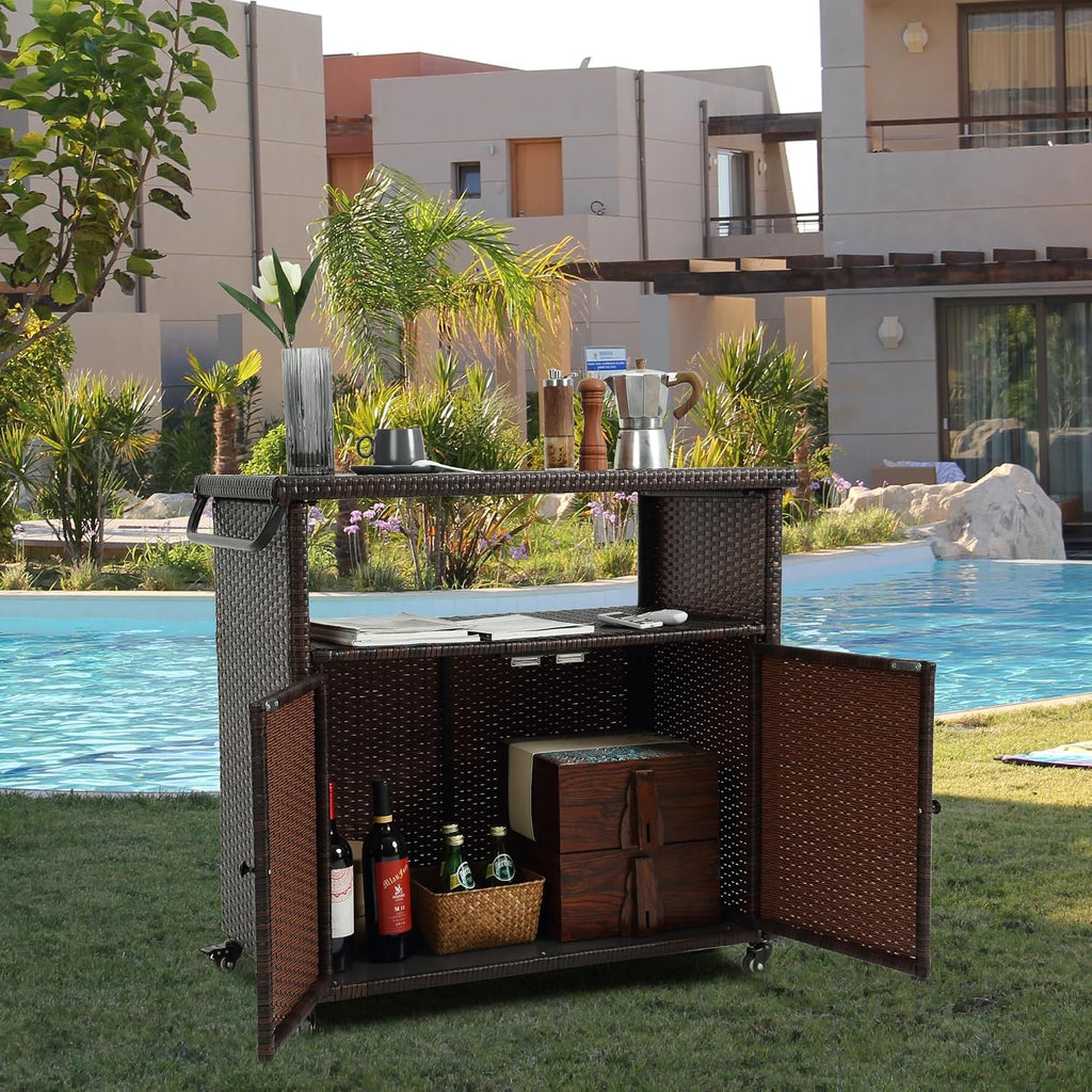 Wicker Outdoor Bar Cart - Brown Patio Console Table Buffet Storage Cabinet Serving Kitchen Cart with Wheels for Outside Backyard