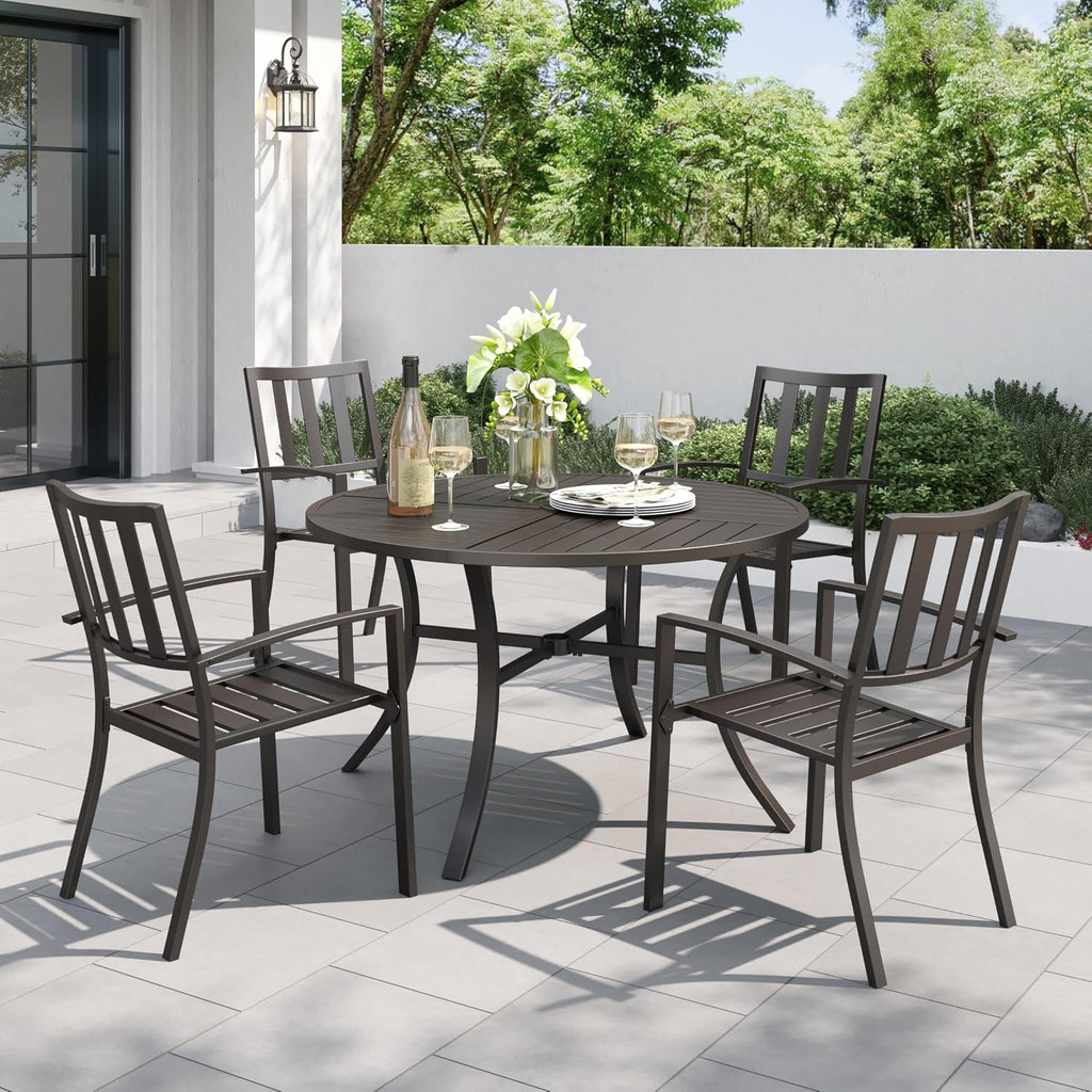 PHI VILLA 5 Piece Outdoor Dining Table Set for 4, 42' Round Steel Dining Table with Umbrella Hole & 4 Black Stacking Metal Chairs for Patio, Deck, Yard, Porch