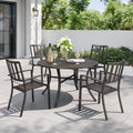 PHI VILLA 5 Piece Outdoor Dining Table Set for 4, 42' Round Steel Dining Table with Umbrella Hole & 4 Black Stacking Metal Chairs for Patio, Deck, Yard, Porch