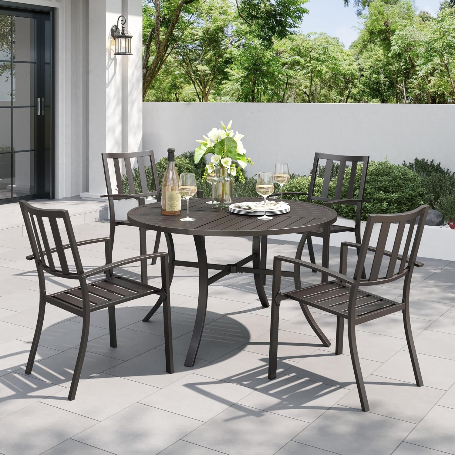 PHI VILLA 5 Piece Outdoor Dining Table Set for 4, 42' Round Steel Dining Table with Umbrella Hole & 4 Black Stacking Metal Chairs for Patio, Deck, Yard, Porch