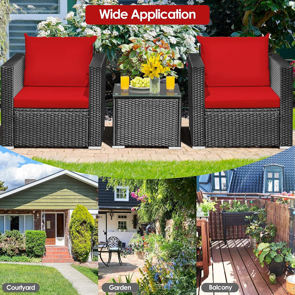 HAPPYGRILL 3 Piece Patio Furniture Set Rattan Wicker Patio Conversation Set with Coffee Table and Cushions Outdoor Sofa Set for Garden Balcony Porch Poolside