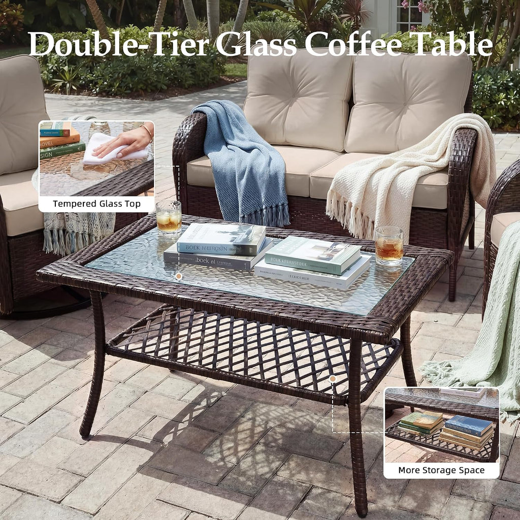 UPHA 5 Pieces Patio Furniture Sets, Wicker Outdoor Loveseat Sofa Set with Swivel Chairs, Patio Conversation Set for Deck Backyard Garden, Brown Rattan, Beige Cushion