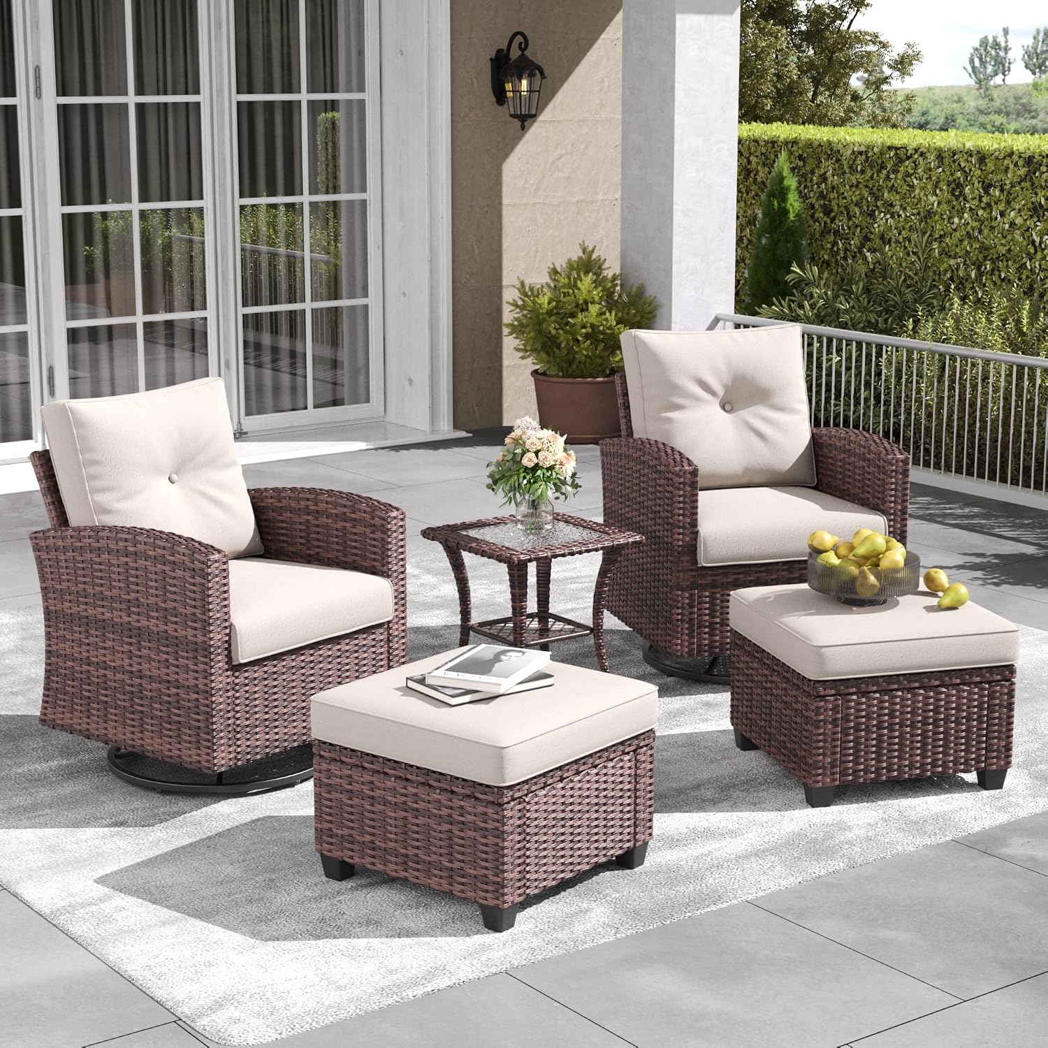LayinSun 5 Pieces Patio Furniture Set with Swivel Chairs, Rattan Wicker Rocking Glide Chairs with Coffee Table Conversation Set