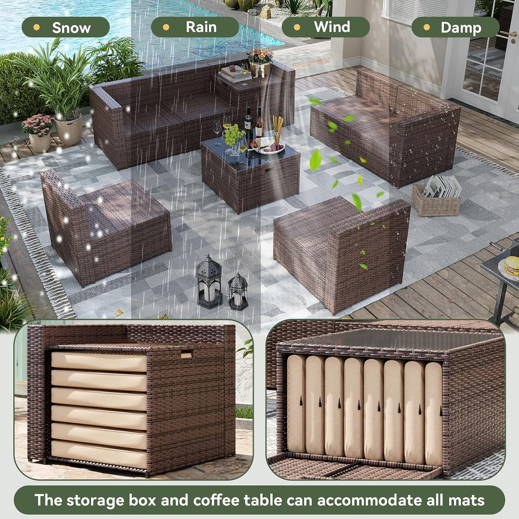 Aoxun 8 Piece Patio Furniture Set, Wicker Outdoor Furniture Set with Storage Box, Patio Sectional Set with Thickened Cushions, Waterproof Cover and 25.6' Coffee Table (Brown& Khaki)