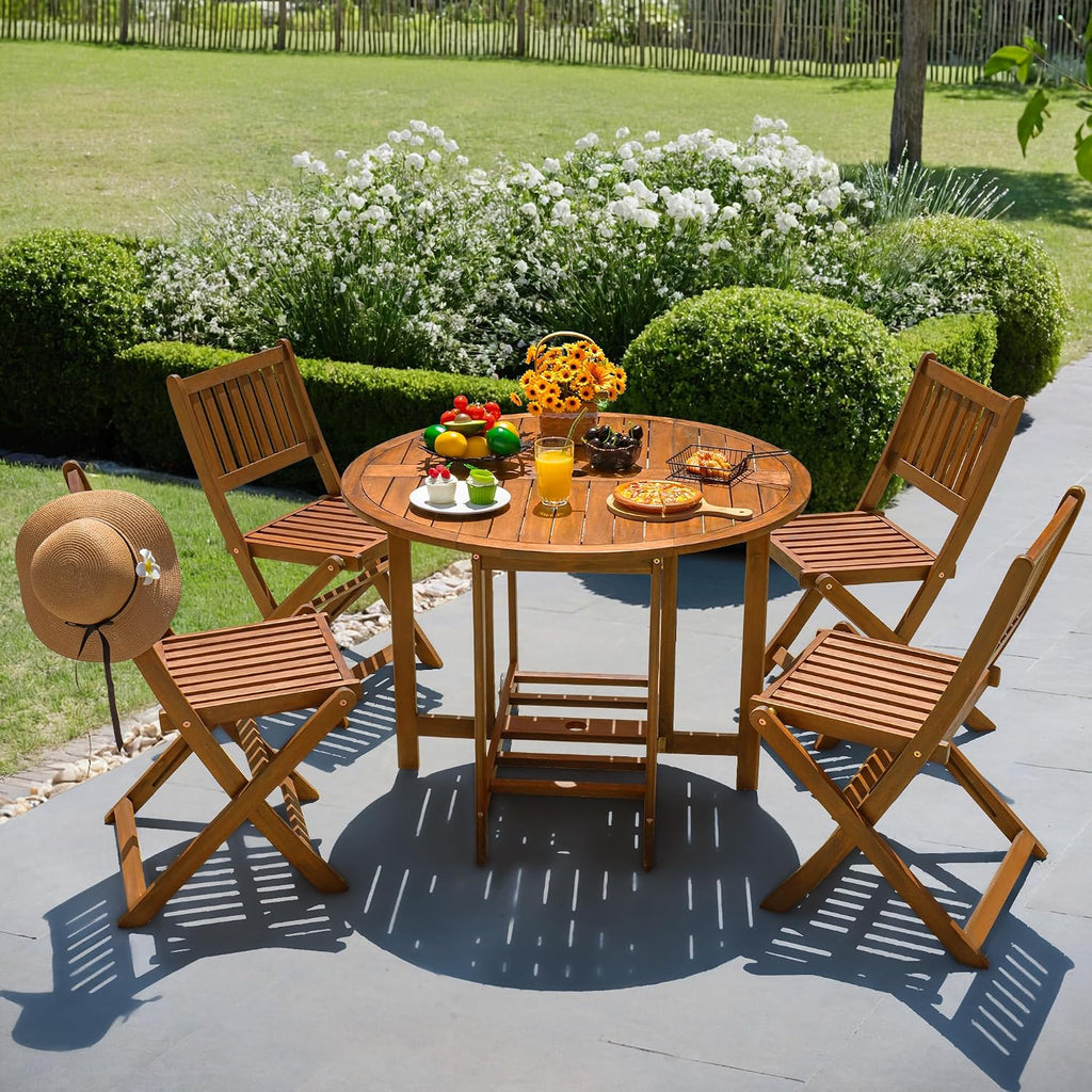 Devoko 5 PCS Patio Furniture, Patio Dining Set Acacia Wood Outdoor Table and Chairs, with 4 Folding Chairs and 37' Round Movable Table, Outdoor Dining Set for Lawn, Balcony, Garden (Light Brown)