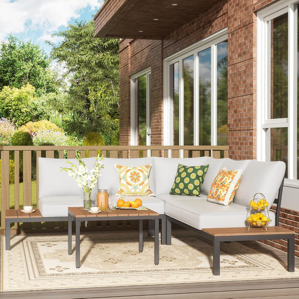 NATURAL EXPRESSIONS Patio Furniture Sets, L Shape Patio Sectional Metal Outdoor Sectional Corner Sofa Outdoor Couch with Detachable Backrest,3 Fauxwood Tables,5' Grey Olefin Cushions