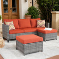 ovios Patio Sofa 3 Pieces Patio Furniture Set Outdoor Wicker Sofa Couch with Ottomans Thick Cushions, All Weather Rattan Conversation Set for Porch Backyard Deck, Orange Red