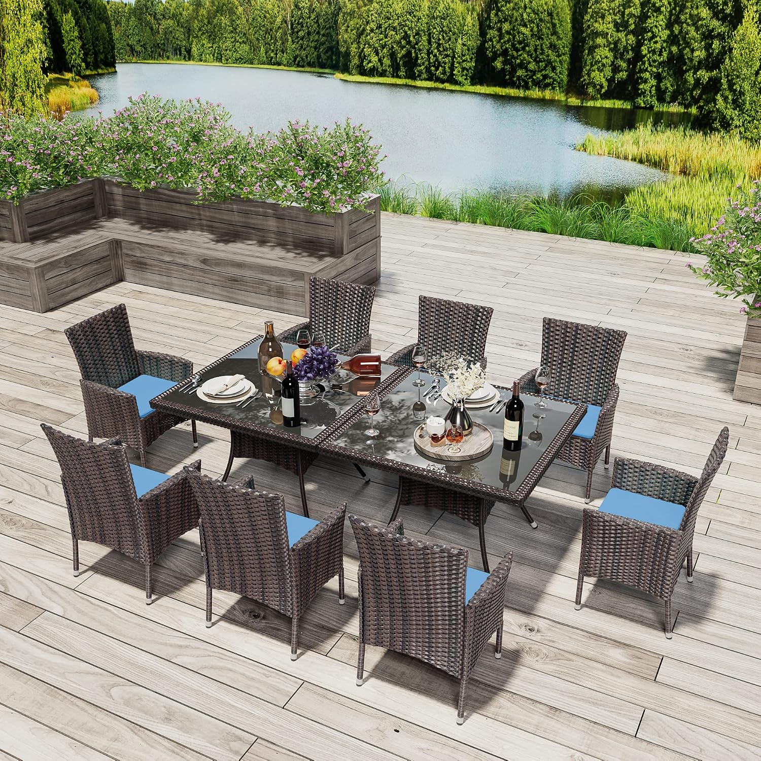 10 Pieces Outdoor Patio Dining Set,Patio Table and Chairs Rattan Outdoor Patio Furniture Set with Umbrella Hole,Dining Table Set for 8 with Chairs for Backyard,Garden and Kitchen,Navy Blue