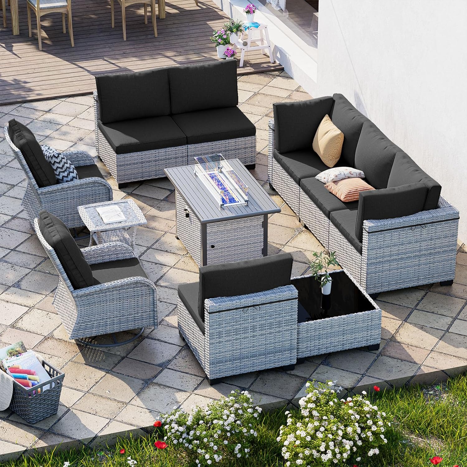 11-Piece Patio Furniture Set, Outdoor Patio Furniture with 55,000 BTU Fire Pit Table, Swivel Chairs Set, Thick Cushions, Modular Patio Sofa, Dual-Strand Wicker Rattan, Rust-Resistant Frame, Black