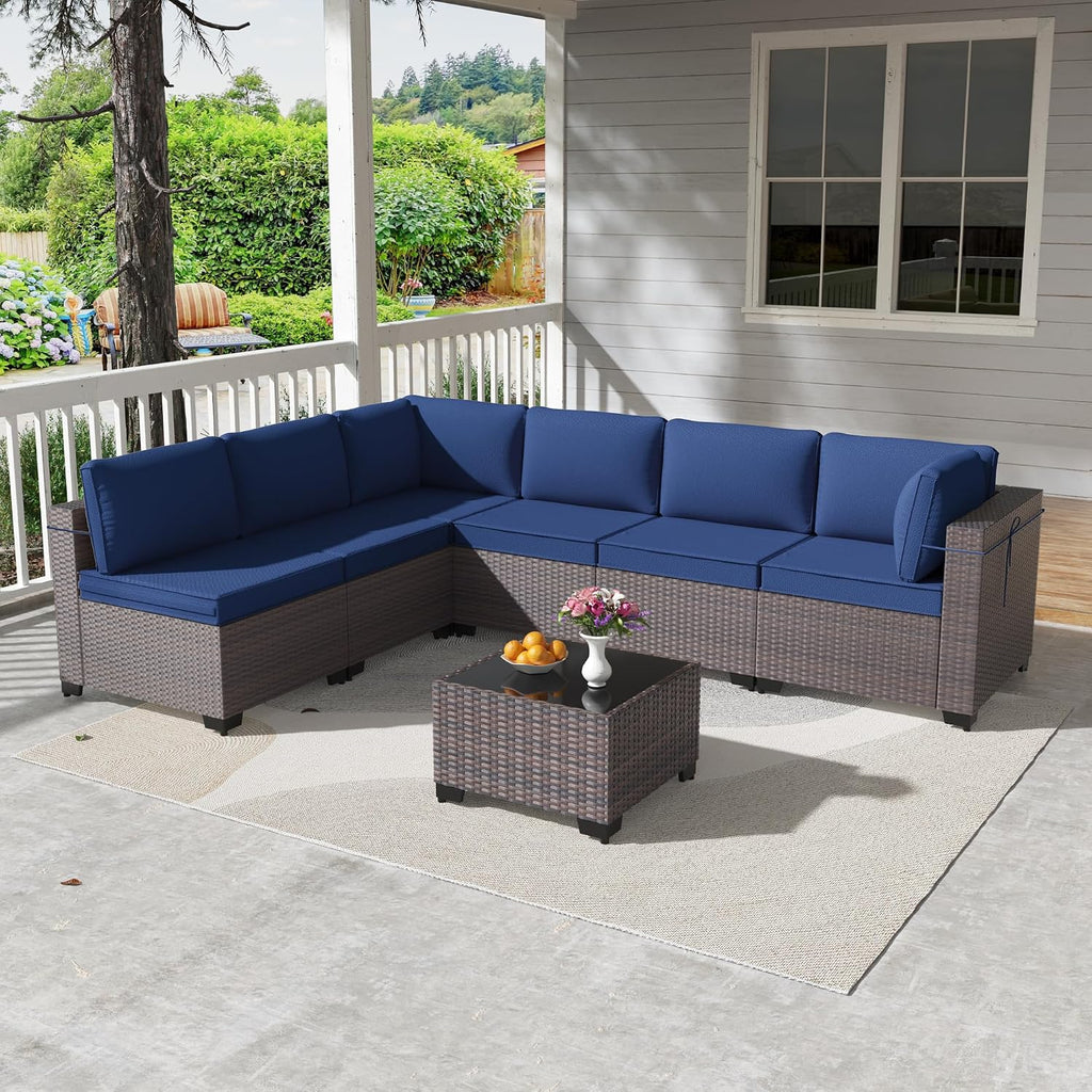 Kullavik 7 Pieces Outdoor Patio Furniture Set,Wicker Outdoor Sectional Sofa,All-Weather Patio Conversation Sets with Washable Thick Cushions & Coffee Table for Garden,Backyard,Balcony,Porch,Navy Blue