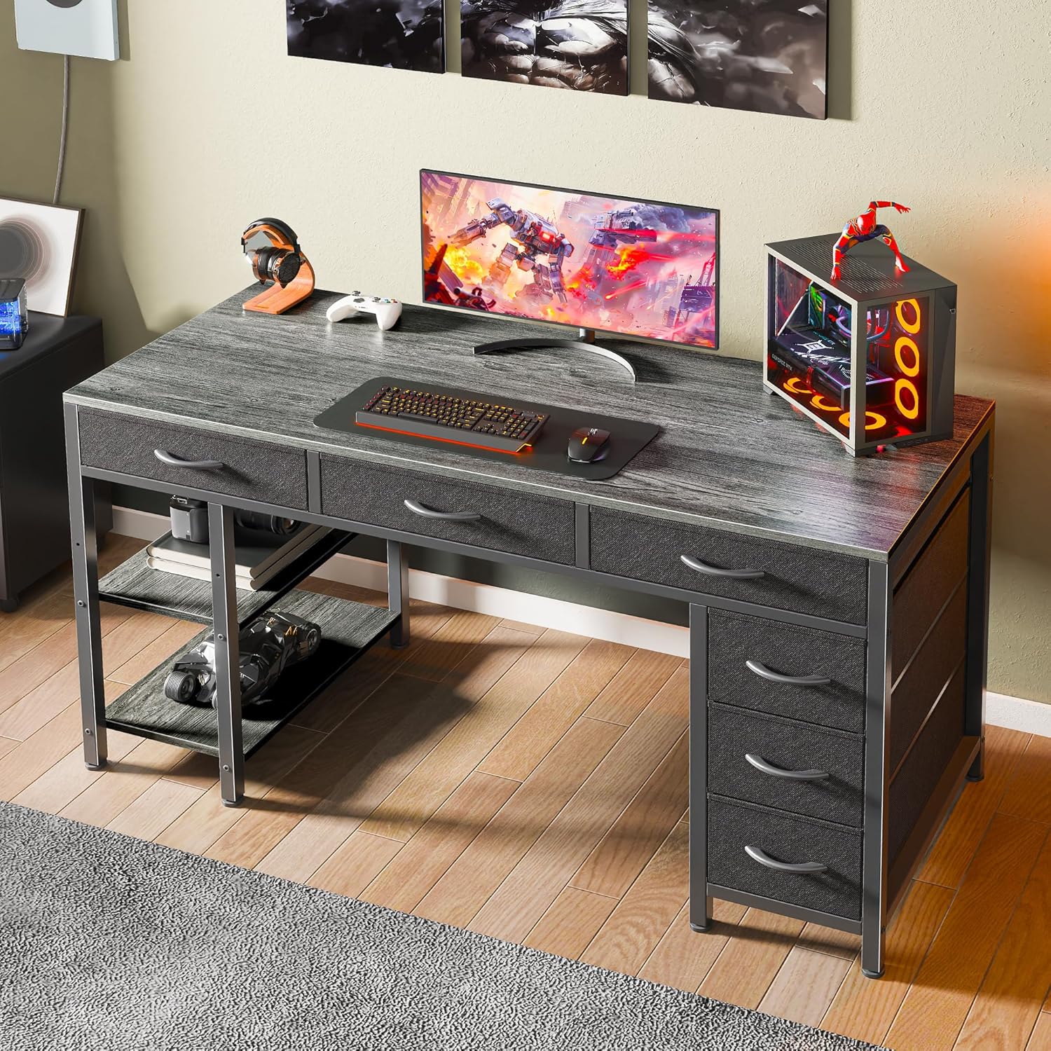 Huuger Computer Desk with 6 Drawers, Office Desk with Shelves, Reversible Gaming Desk, Corner Desk with Storage, Work for Home Office, Study, Living Room, 47inch, Grey