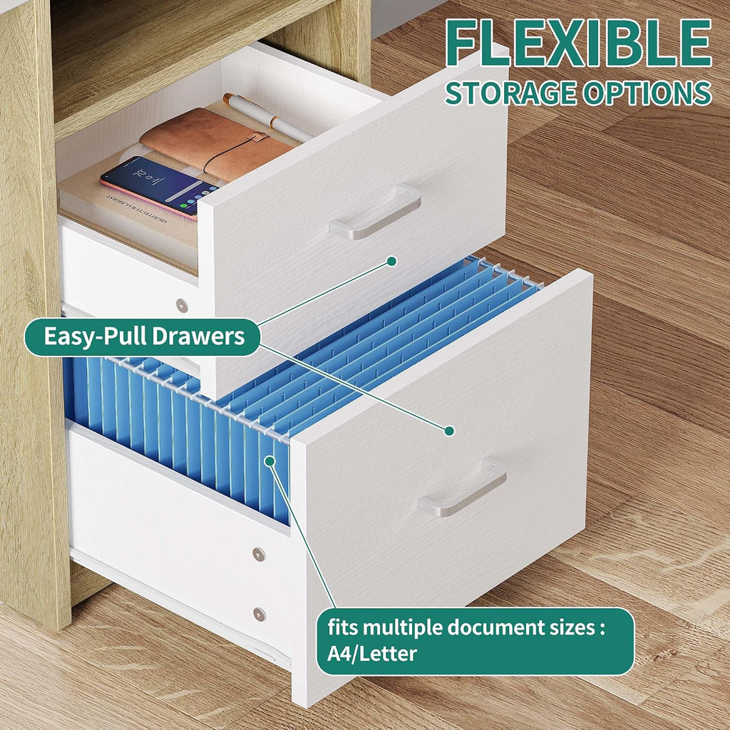 DWVO Computer Desk with Drawers, 55' Office Desk with Power Outlets & LED Light, Home Office Desk with Storage Shelves, White & Oak