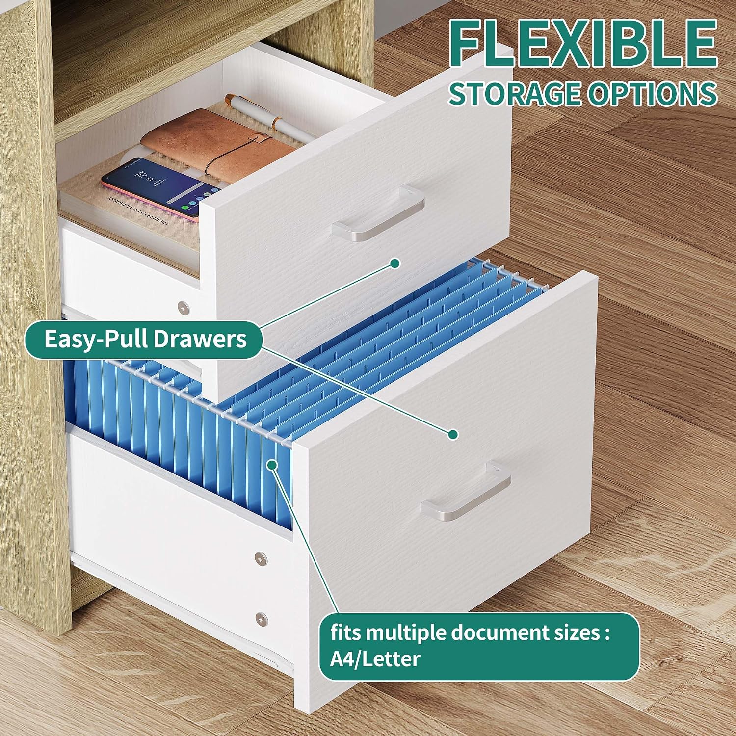 DWVO Computer Desk with Drawers, 55' Office Desk with Power Outlets & LED Light, Home Office Desk with Storage Shelves, White & Oak