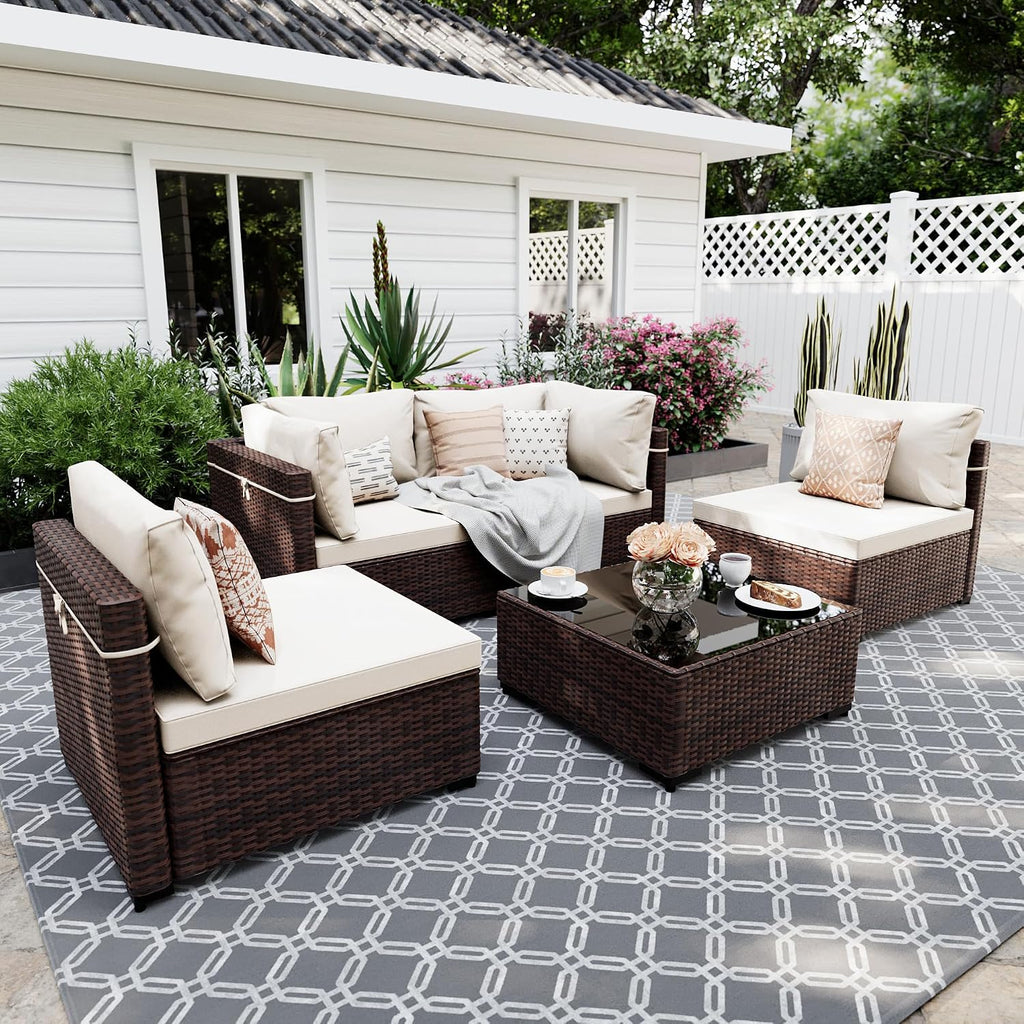 UPHA 5 Pieces Patio Furniture Sets, Wicker Outdoor Sectional Sofa Couch with Coffee Table, Patio Conversation Set for Deck Backyard Garden, Brown Rattan, White Cushion