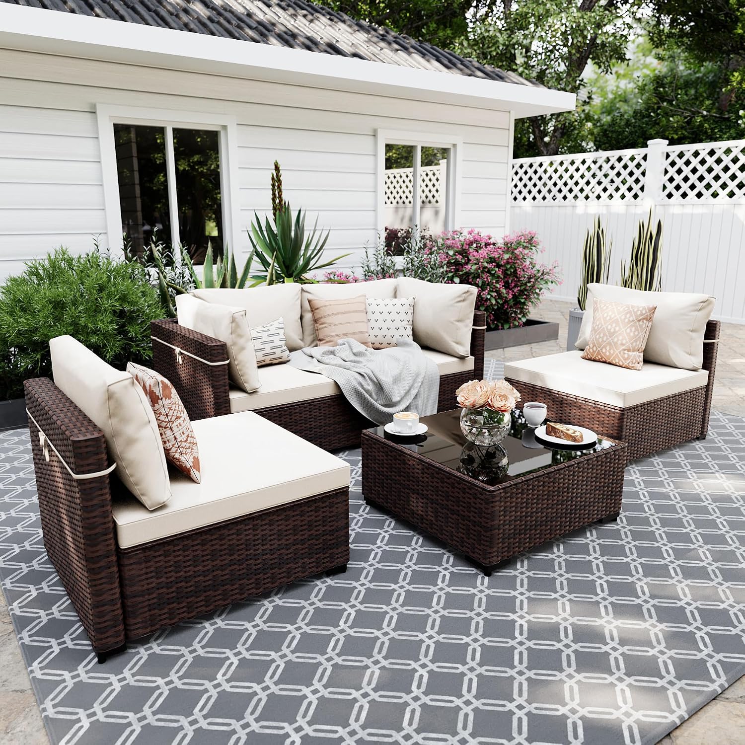 UPHA 5 Pieces Patio Furniture Sets, Wicker Outdoor Sectional Sofa Couch with Coffee Table, Patio Conversation Set for Deck Backyard Garden, Brown Rattan, White Cushion