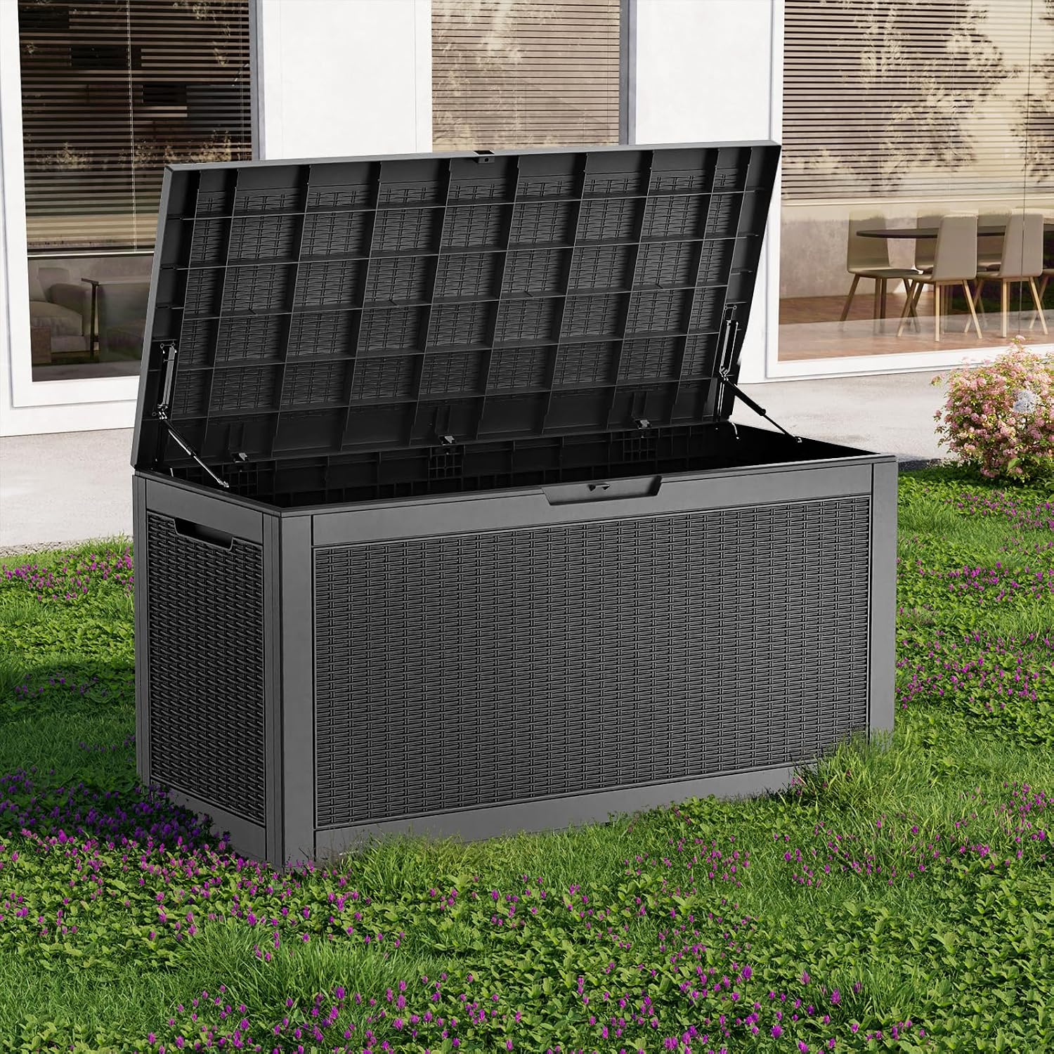 EasyUp 120 Gallon Deck Boxes Waterproof, Outdoor Large Storage Boxes with Lids, Outside Resin Storage Box & Deck Boxes for Patio, Garden Use(Black)