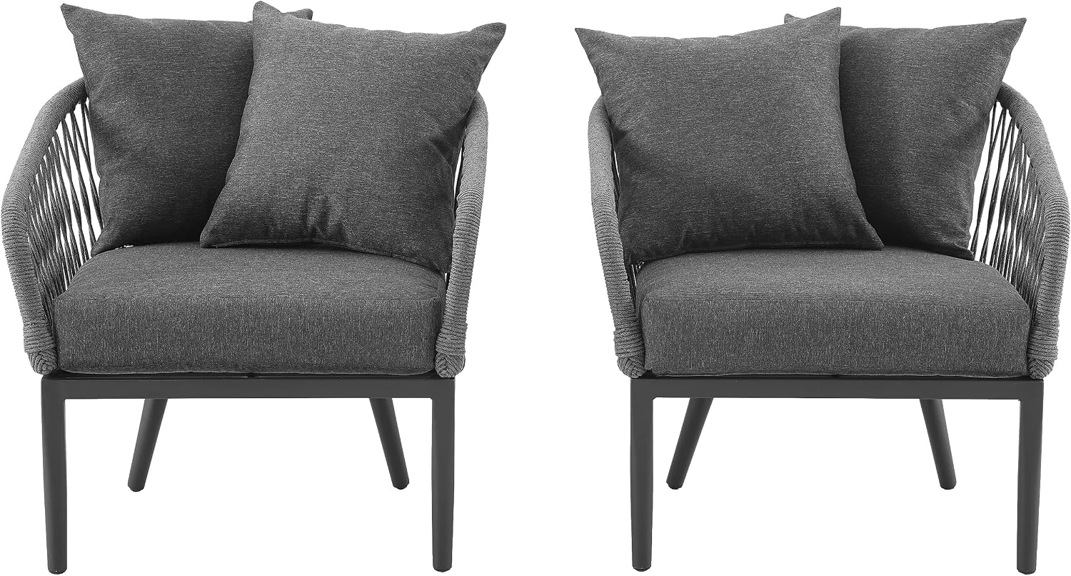 Crosley Furniture Dover 2-Piece Indoor Outdoor Chair Set, Patio Chairs for Conversation, Porch, Deck, Matte Black with Charcoal Cushions