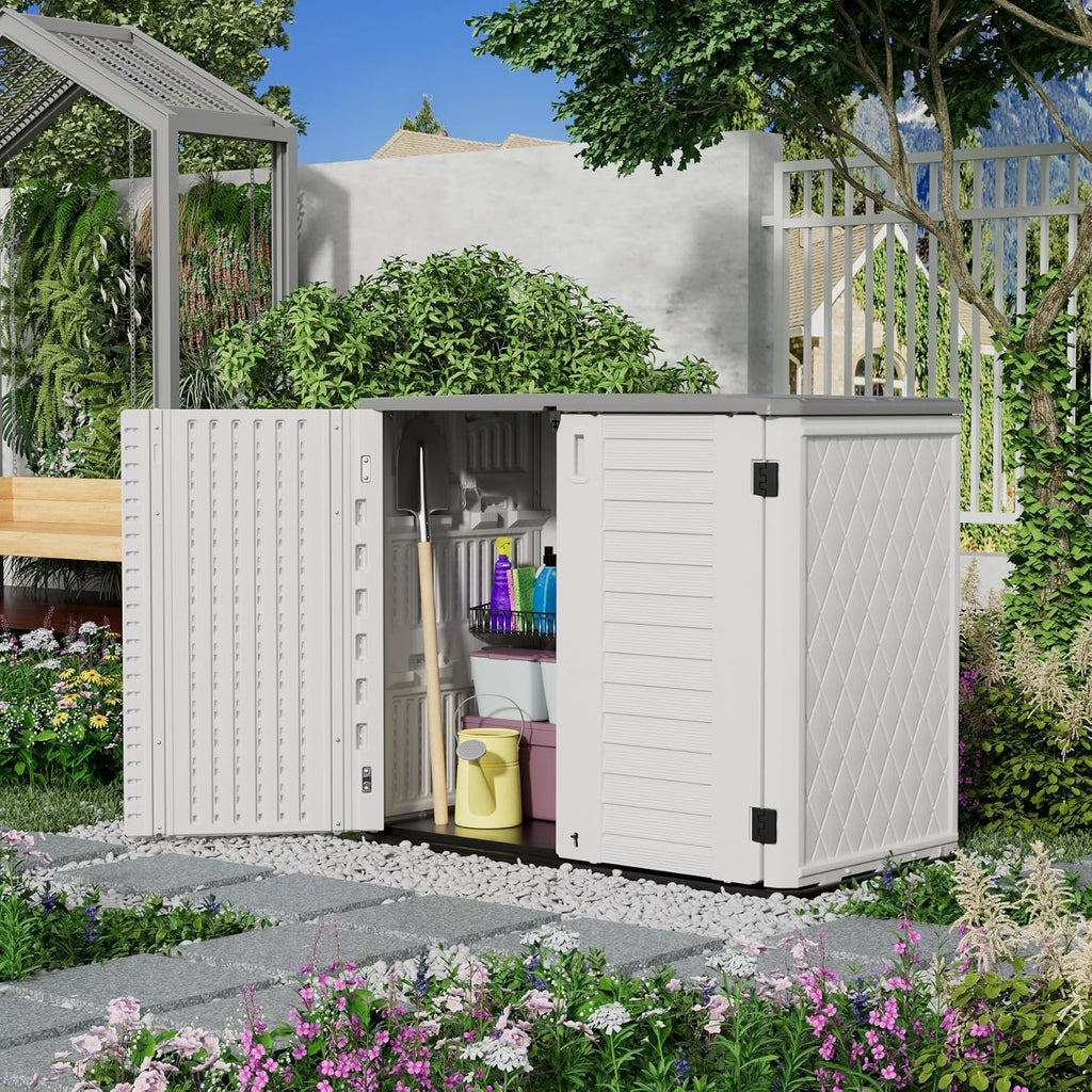 Mrosaa Outdoor Patio Storage Shed,Waterproof Horizontal Outdoor Storage Cabinet for Garbage Cans,Tools and Lawnmower Lockable(34 Cu.ft-Warm-White)