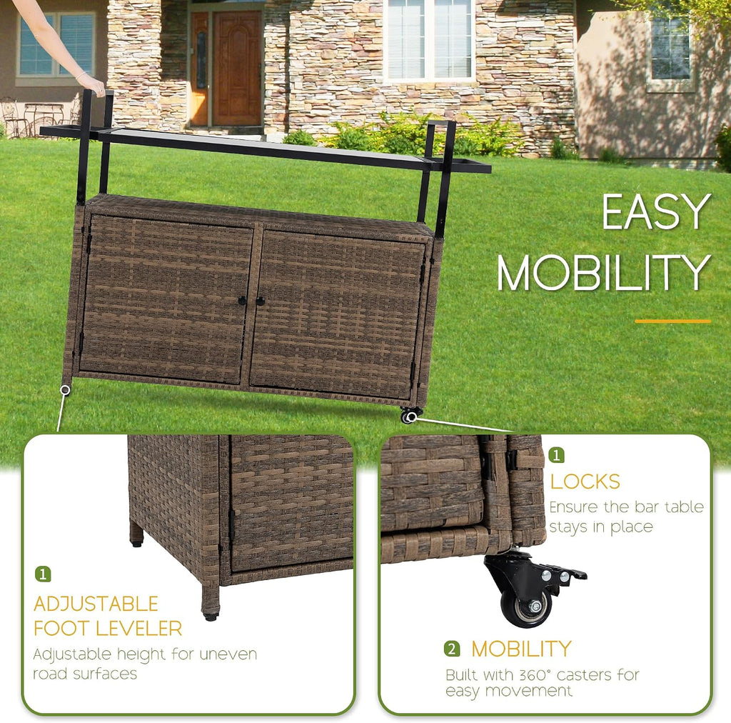 Wicker Outdoor Bar Cart - Brown Patio Console Table Buffet Storage Cabinet Serving Kitchen Cart with Wheels for Outside Backyard