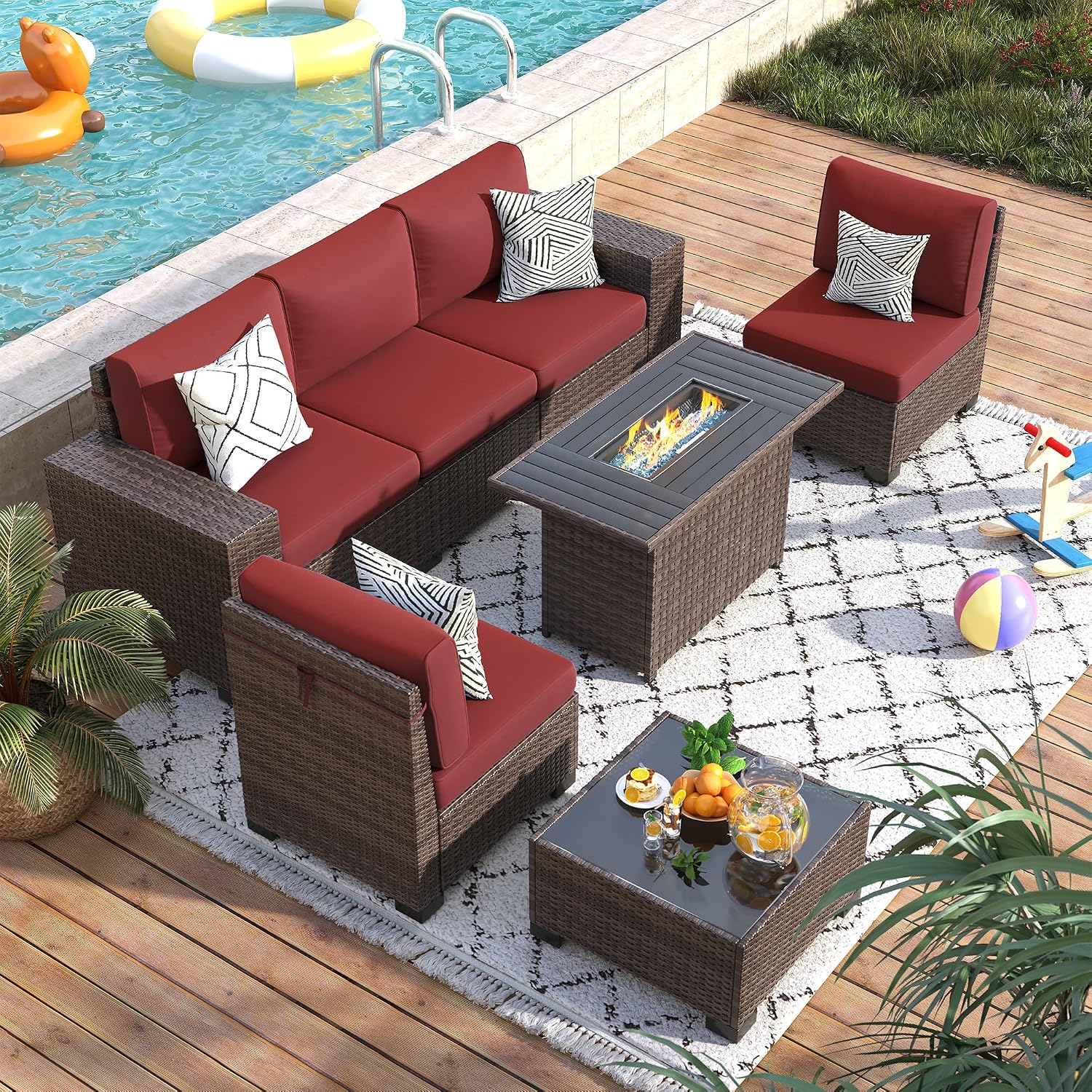 7 Piece Patio Furniture Set with Fire Pit Table, Outdoor Conversation Sets Wicker Rattan Sectional Sofa with Coffee Table for Patio Garden Backyard, 4'' Thickened Cushion Wine Red