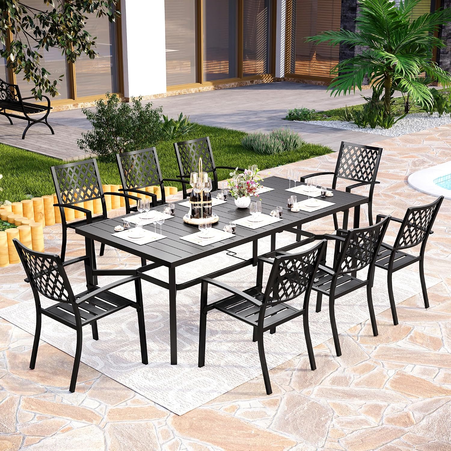 PHI VILLA 9 Pieces Outdoor Dining Set for 8, 83' Rectangular Metal Table with Umbrella Hole & Stackable Black Wrought Iron Chairs, Large Outside Furniture for Patio, Deck, Yard, Porch