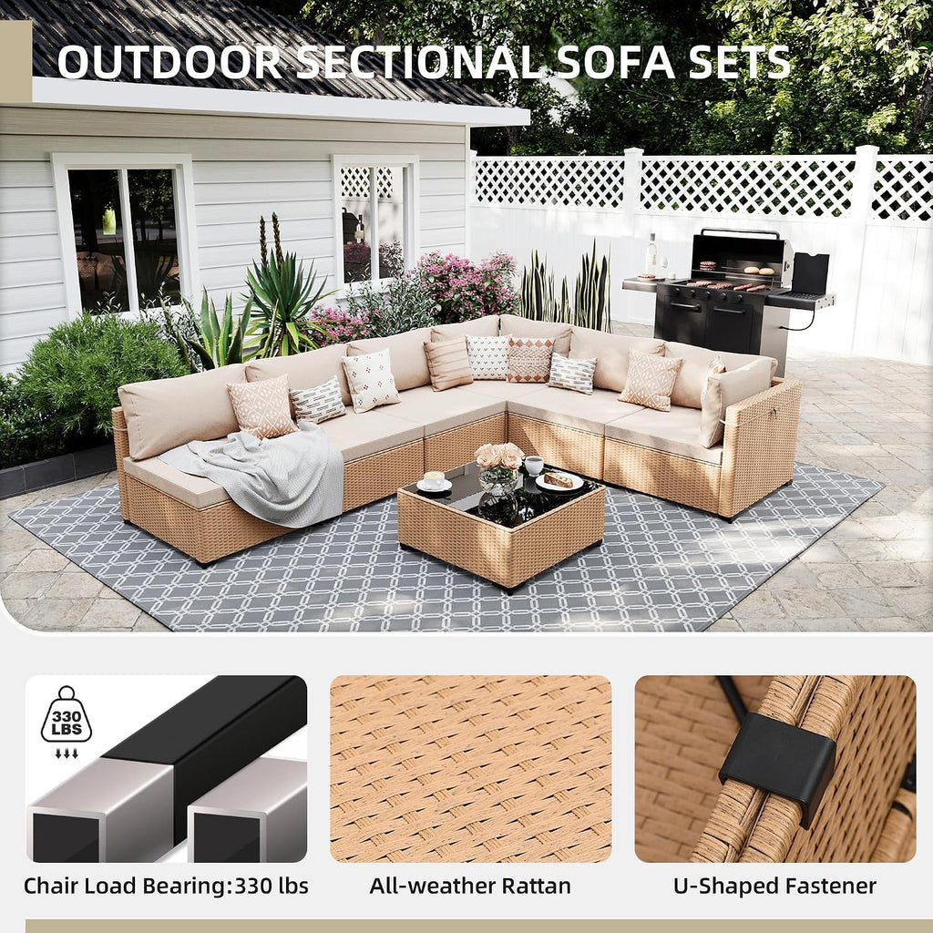 UPHA 9 Pieces Patio Furniture Sets, Wicker Outdoor Sectional Sofa Couch with Rectangle Propane Pit for Deck Backyard Garden, Beige Rattan, Beige Cushion