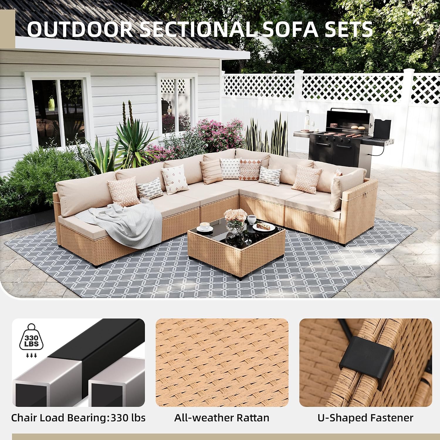 UPHA 9 Pieces Patio Furniture Sets, Wicker Outdoor Sectional Sofa Couch with Rectangle Propane Pit for Deck Backyard Garden, Beige Rattan, Beige Cushion