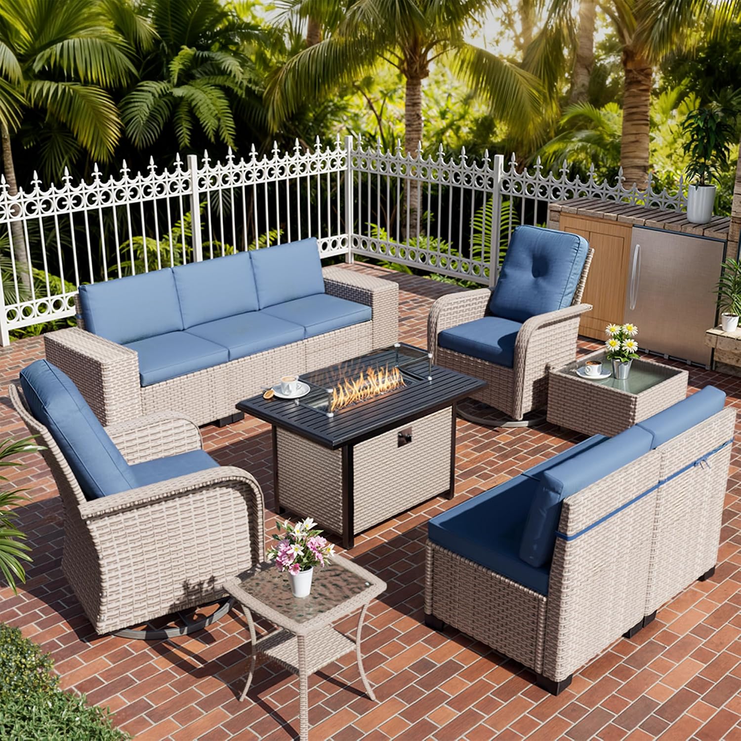 10 Pieces Patio Furniture Set with Fire Pit Table, Outdoor Sectional Wicker Sofa with Thick Cushions, High Back Swivel Rocker Patio Chairs, Rattan Conversation Set with Coffee Table, Navy