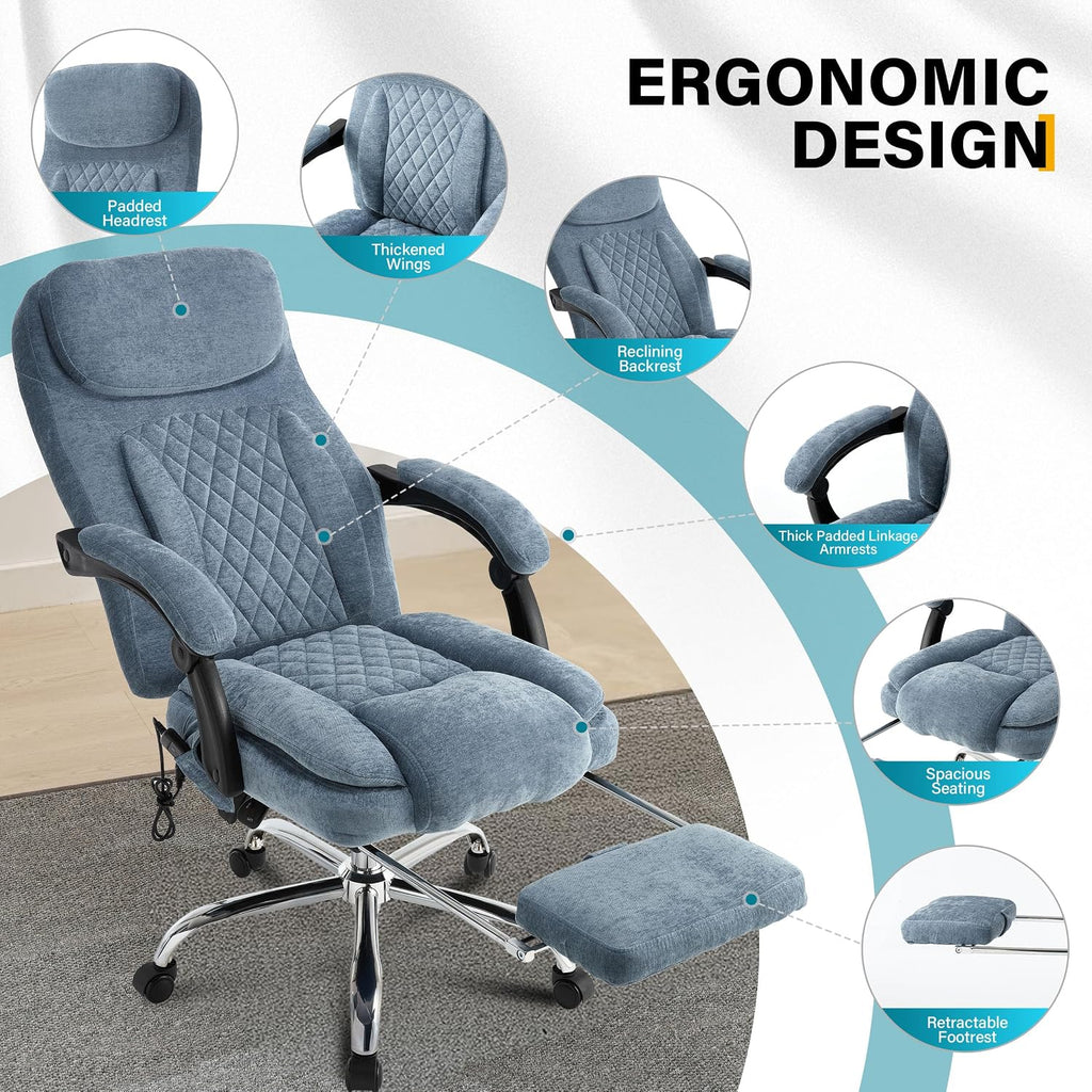 6-Point Massage Office Chair with Heated, Ergonomic Office Chair with Footrest & 45°Reclining High Back, Big and Tall Executive Office Chair 500LBS, Thick Cushion Desk Chair for Home Office, Blue