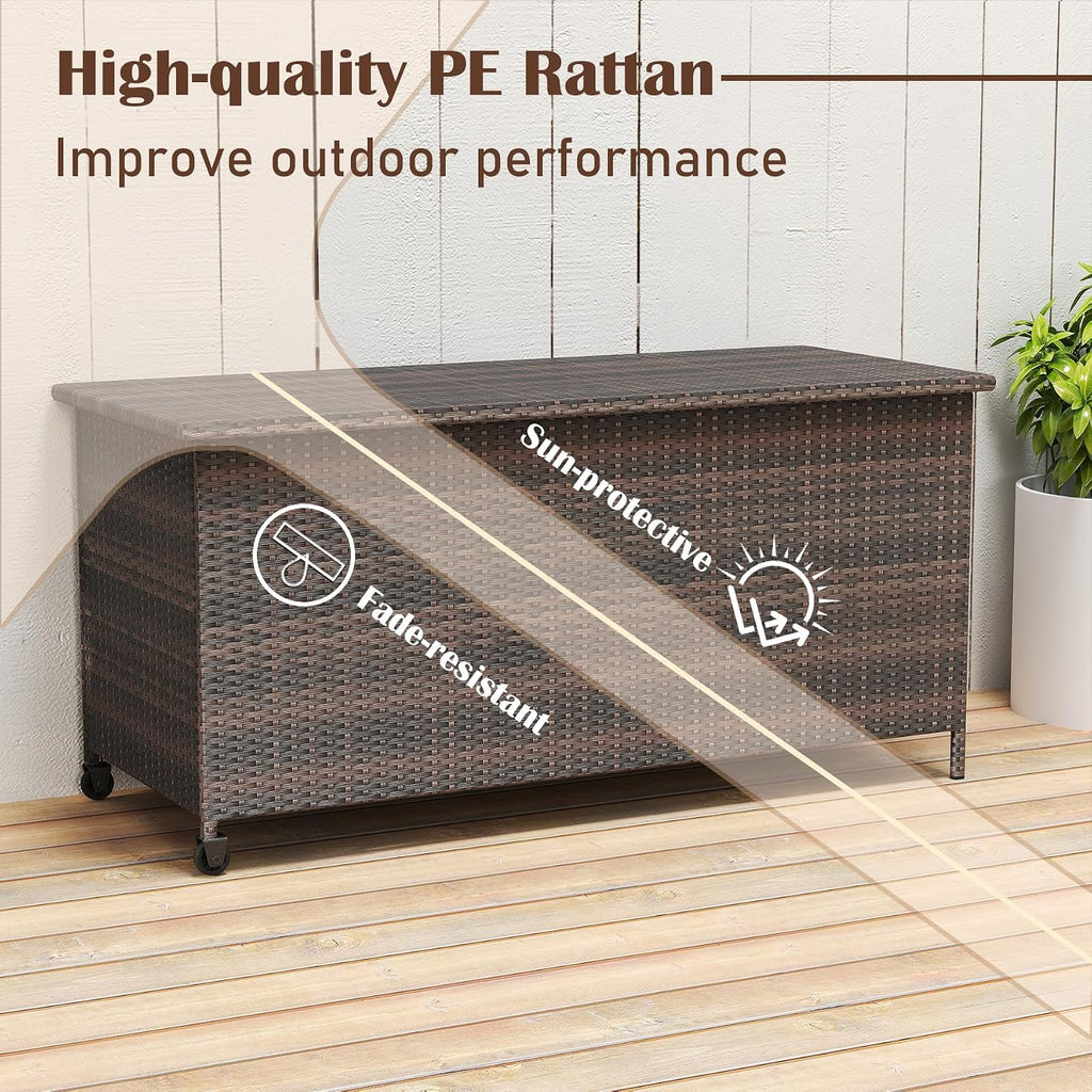 RELAX4LIFE 85-Gallon Deck Box with Wheels - Wicker Rattan Storage Bin Container w/Waterproof Liner & Gas Strut for Patio Cushions, Garden Tools, Pool Supplies, Indoor Outdoor Storage Box (Brown)