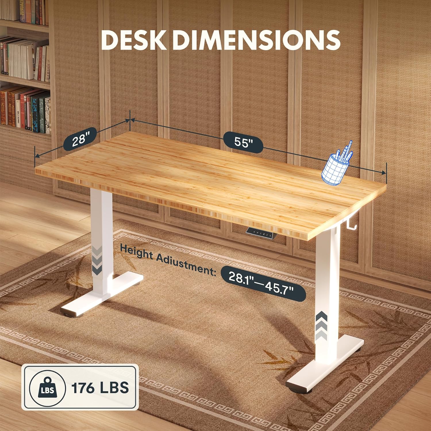 FLEXISPOT Solid Wood Standing Desk, One-Piece Real Wood Desktop, Electric Height Adjustable Desk for Home Office, 176 LBS Capacity (55'x28' Bamboo, White Frame)