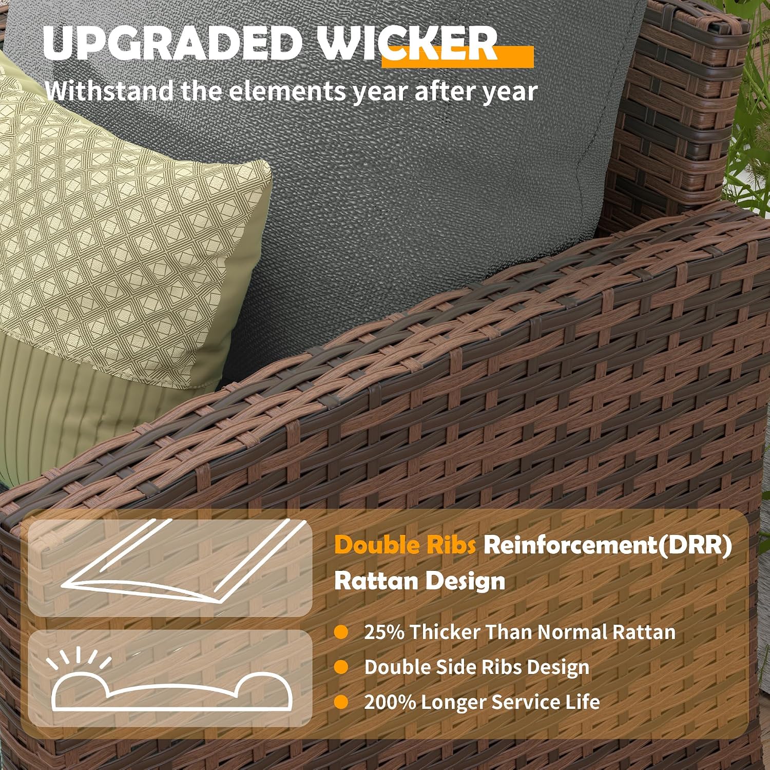 UDPATIO Patio Conversation Set, 5 Pieces Outdoor Furniture Set, All-Weather Wicker Rattan High Back Outdoor Sectional Sofa Set with Ottoman for Poolside, Backyard, Brown Wicker Dark Grey Cushions