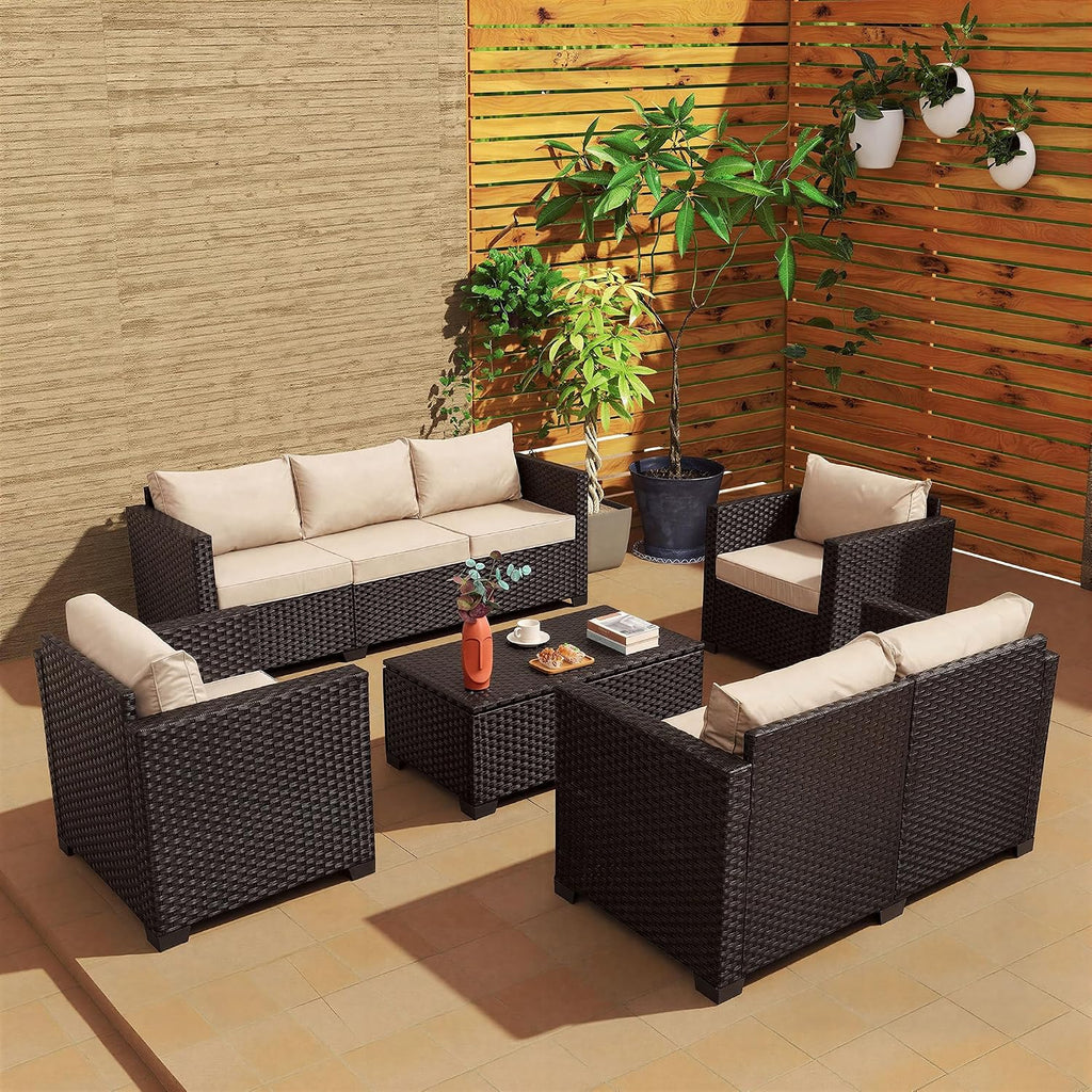 Rattaner 5-Piece Outdoor Furniture Set Patio Furniture Set Outdoor Couch Coffee Table with Storage Non-Slip Cushions and Waterproof Covers, Khaki