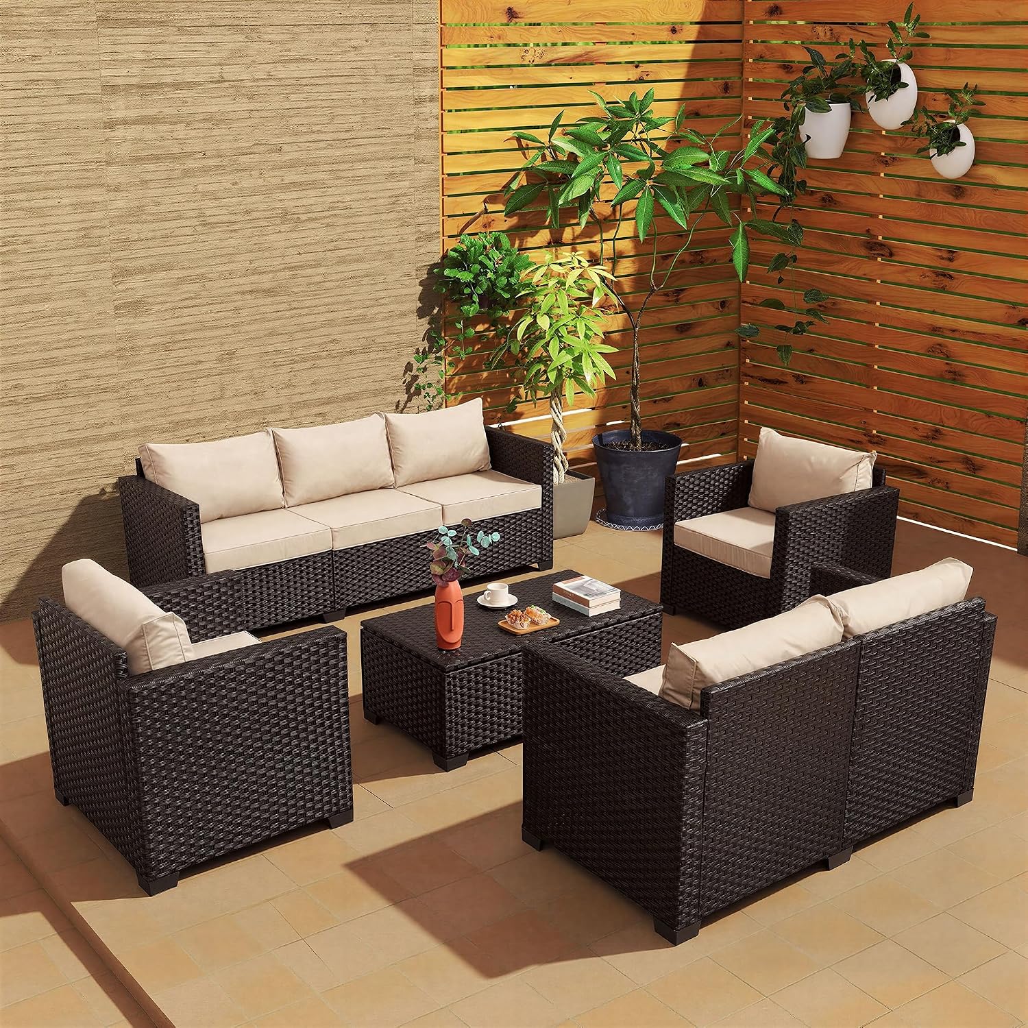 Rattaner 5-Piece Outdoor Furniture Set Patio Furniture Set Outdoor Couch Coffee Table with Storage Non-Slip Cushions and Waterproof Covers, Khaki