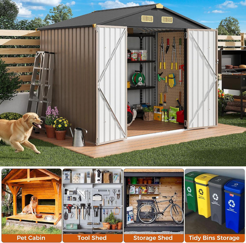 IRONCK 8x6FT Outdoor Storage Shed with Lockable Doors, 7.4x5.3FT Base Galvanized Steel Metal Garden Tool Shed with Breathable Vent for Yard Bins/Generator/Wheelbarrow Storage, Brown