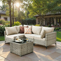 5 Piece Outdoor Patio Furniture with Glowing Coffee Table, Rattan Wicker Conversation Set with Sofa, Sectional Single Chairs for Outside Porch Balcony Backyard Pool,Beige